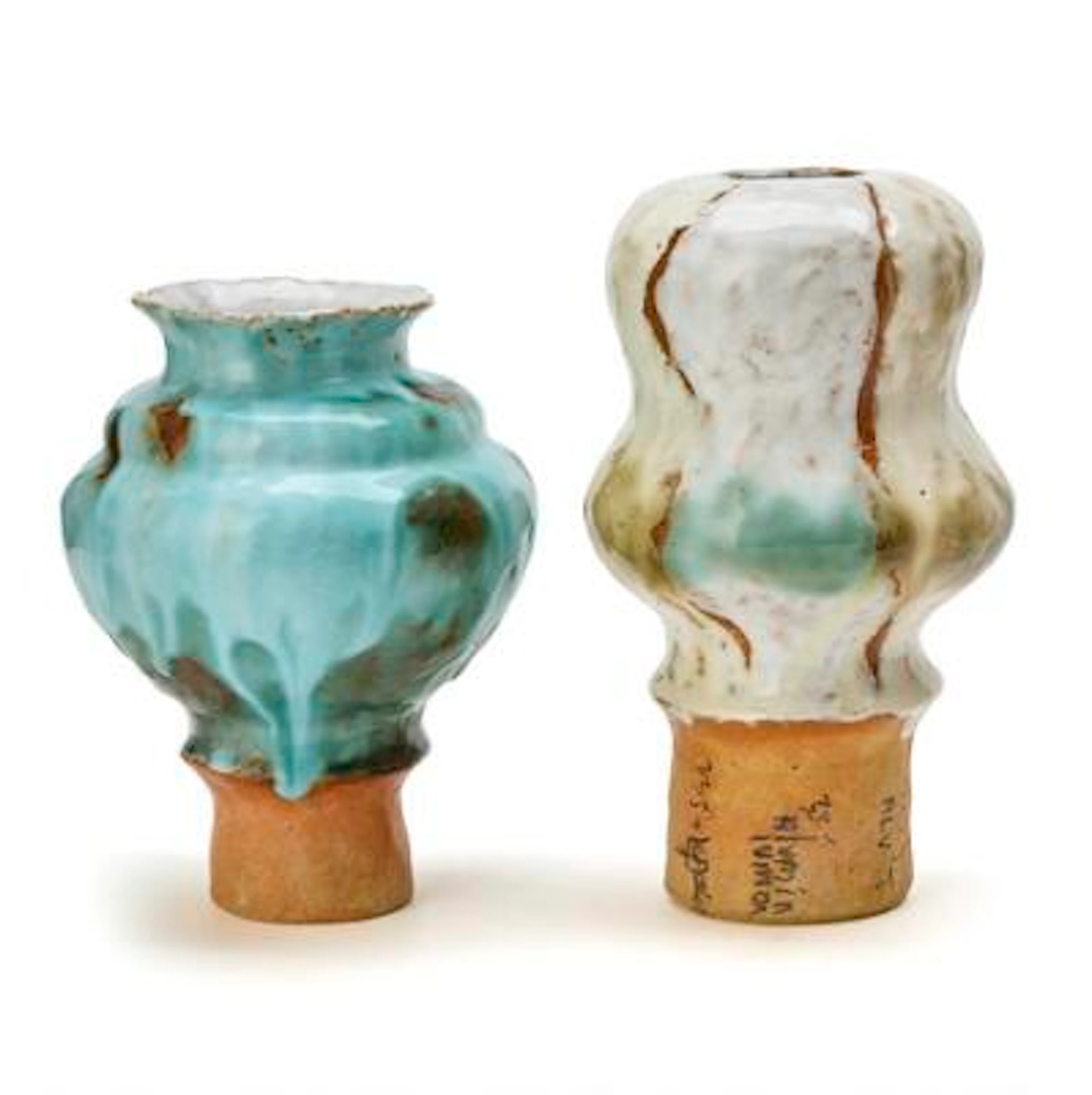 Bente Skjøttgaard: Two sculptural stoneware vases. Decorated with