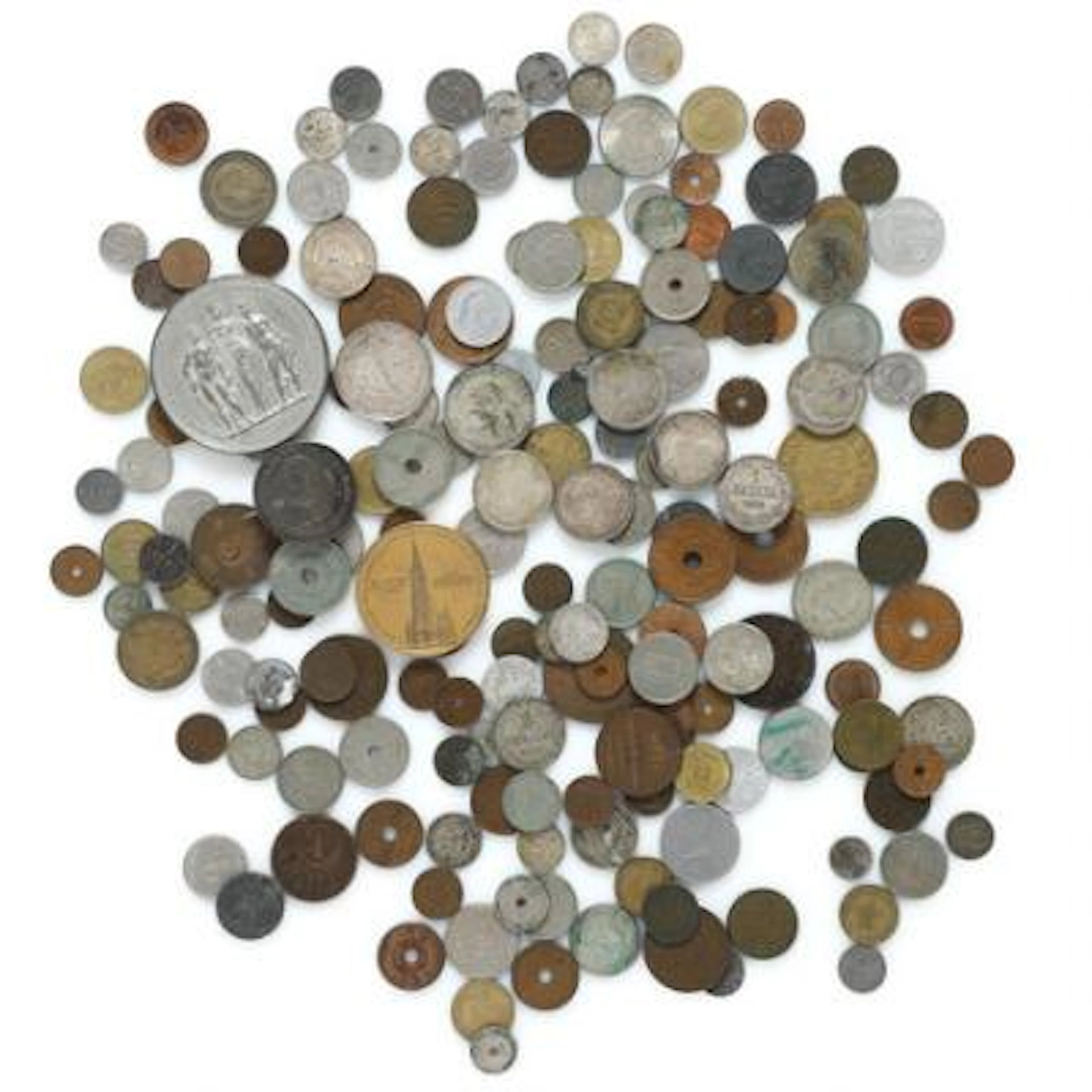 Box with collection of coins from Denmark, England, Finland, Norway