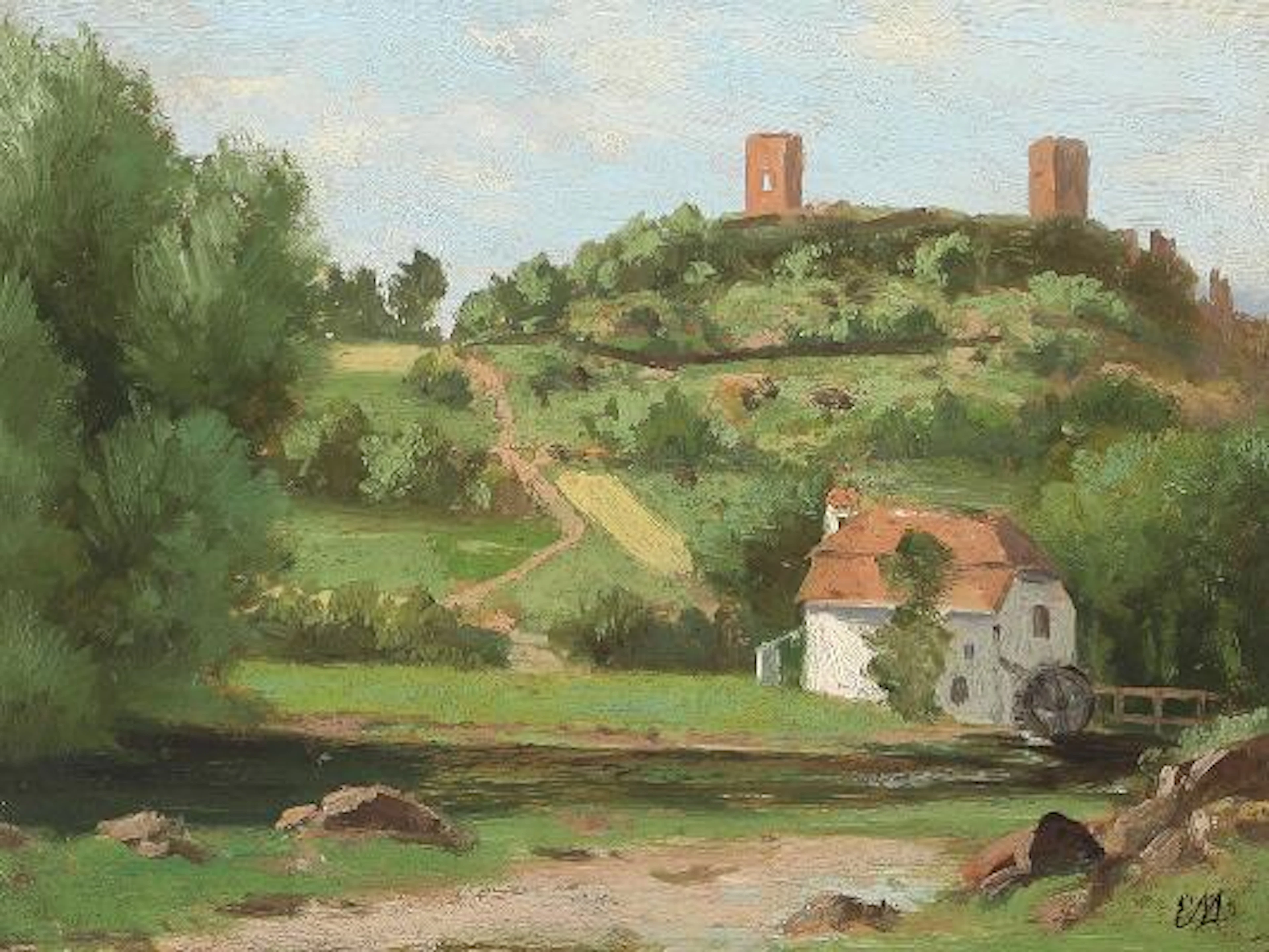 Emilie Mundt: Hilly landscape with view to ruins and a watermill.