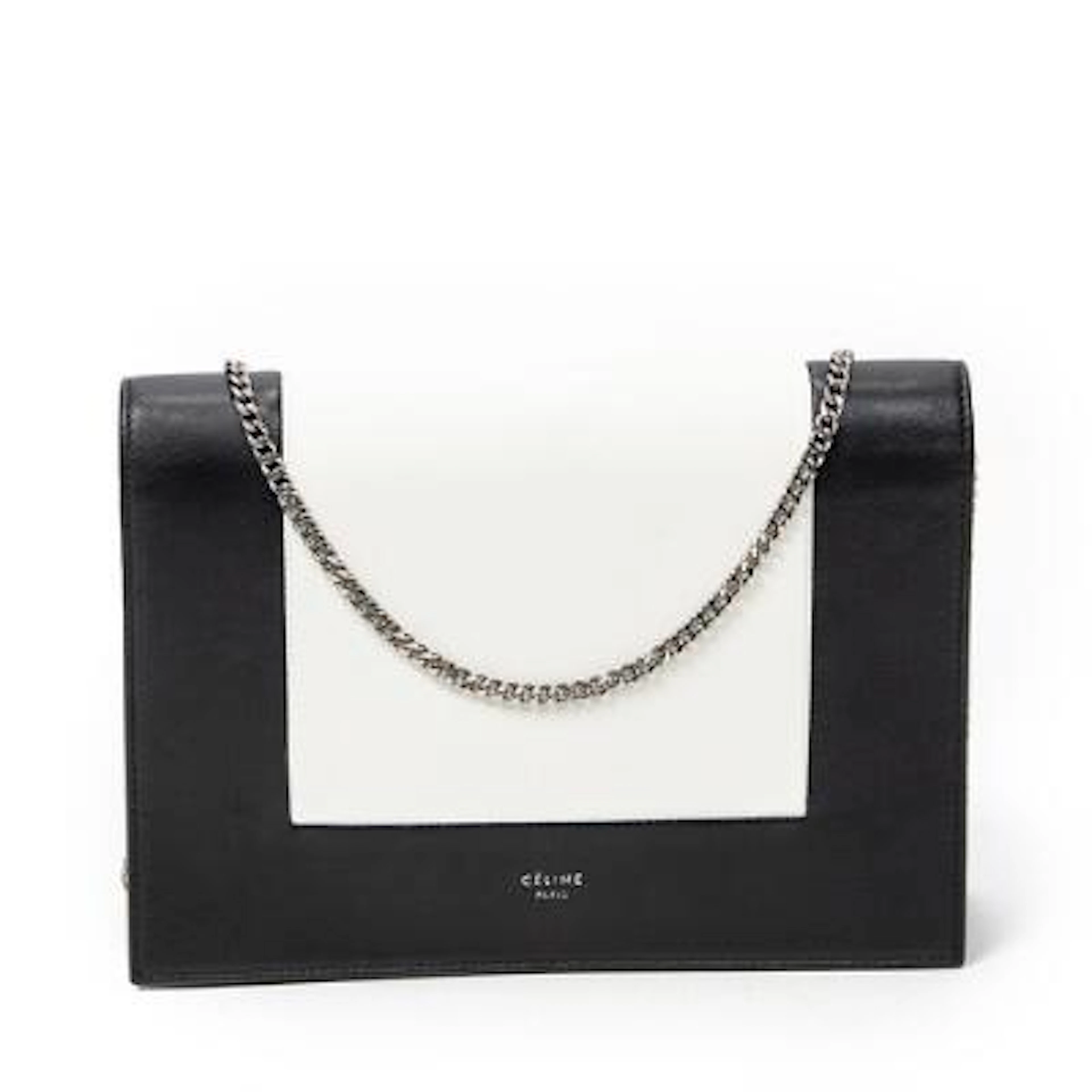 Céline: "Frame Evening Clutch" in black and white leather with a chain