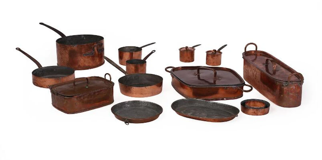 13 pieces of copper kitchen equipment, monograms for Queen Caroline