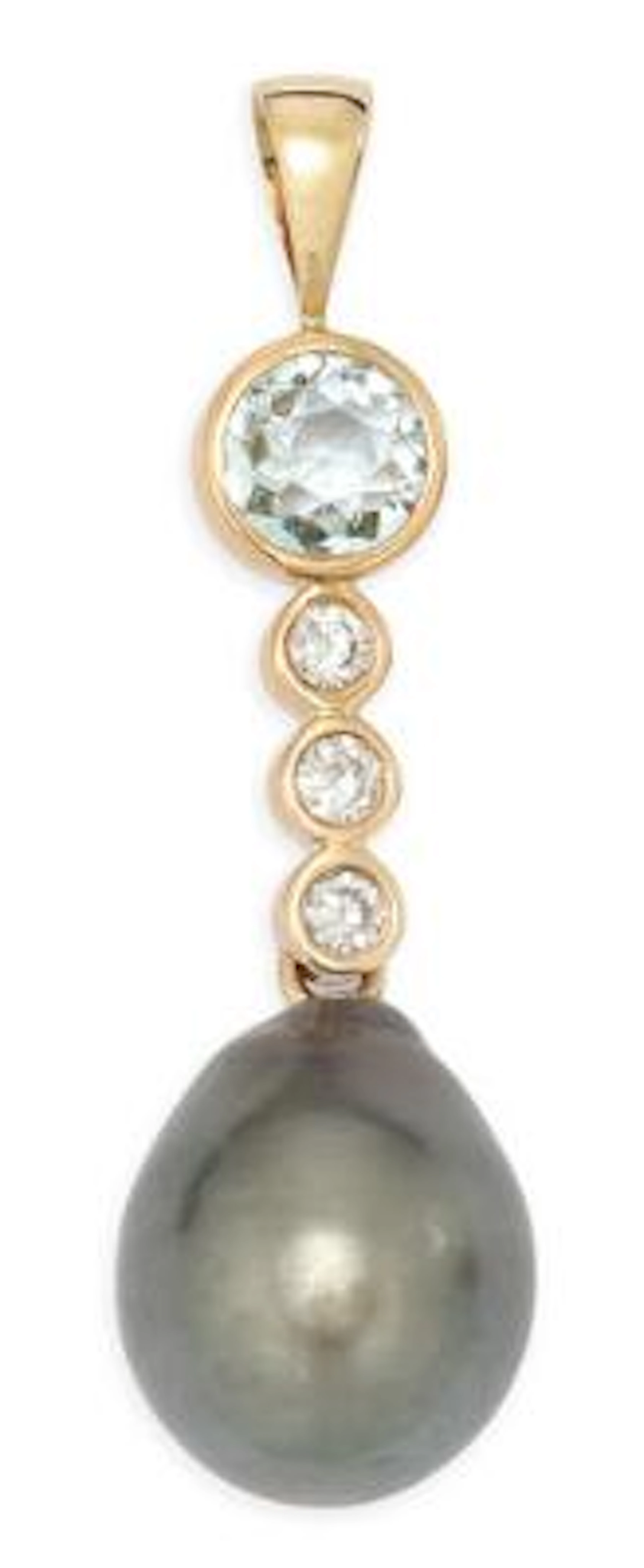 A pendant set with a Tahiti pearl and an aquamarine, mounted in 14k