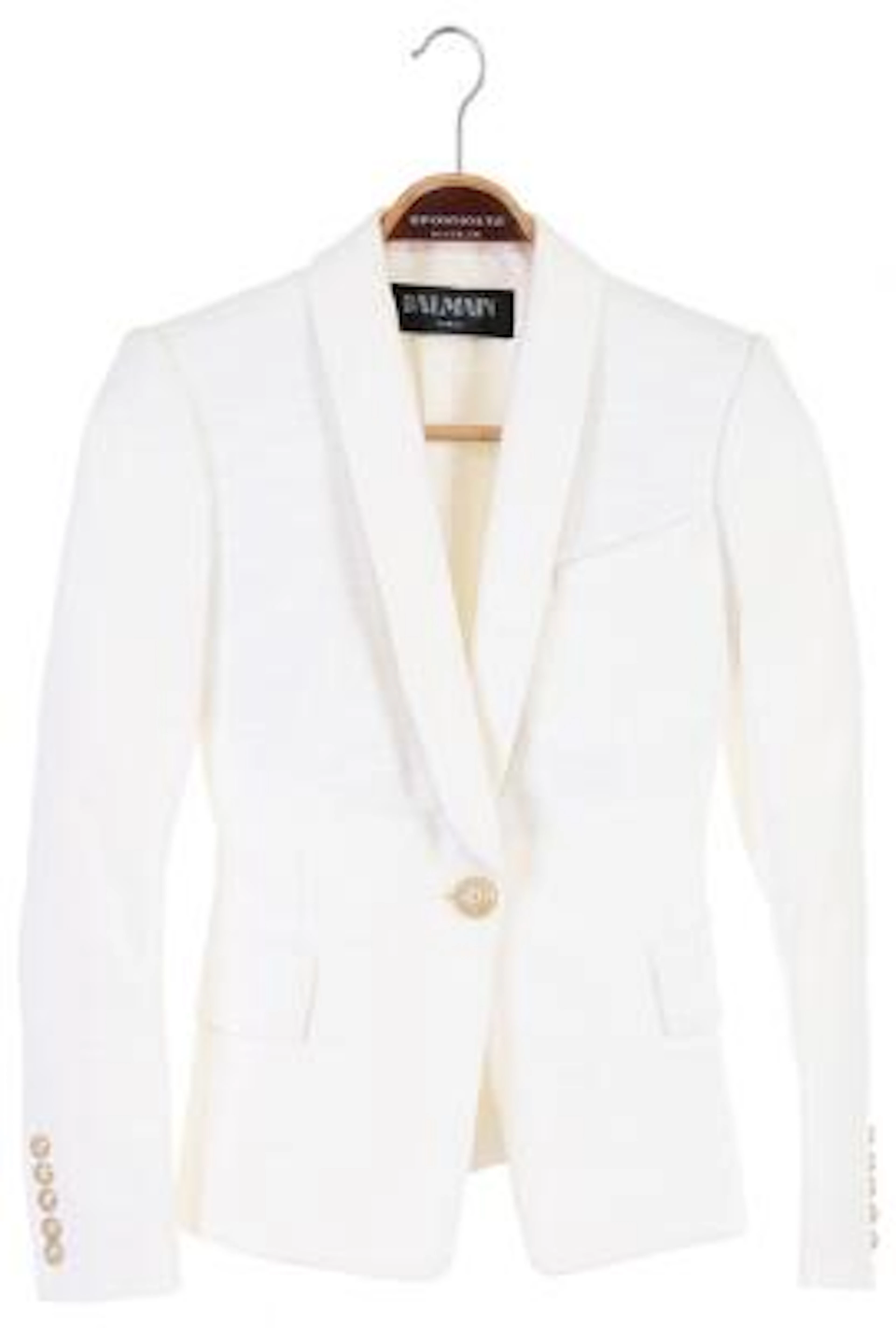 Pierre Balmain: A white blazer with reverse, one button on the front