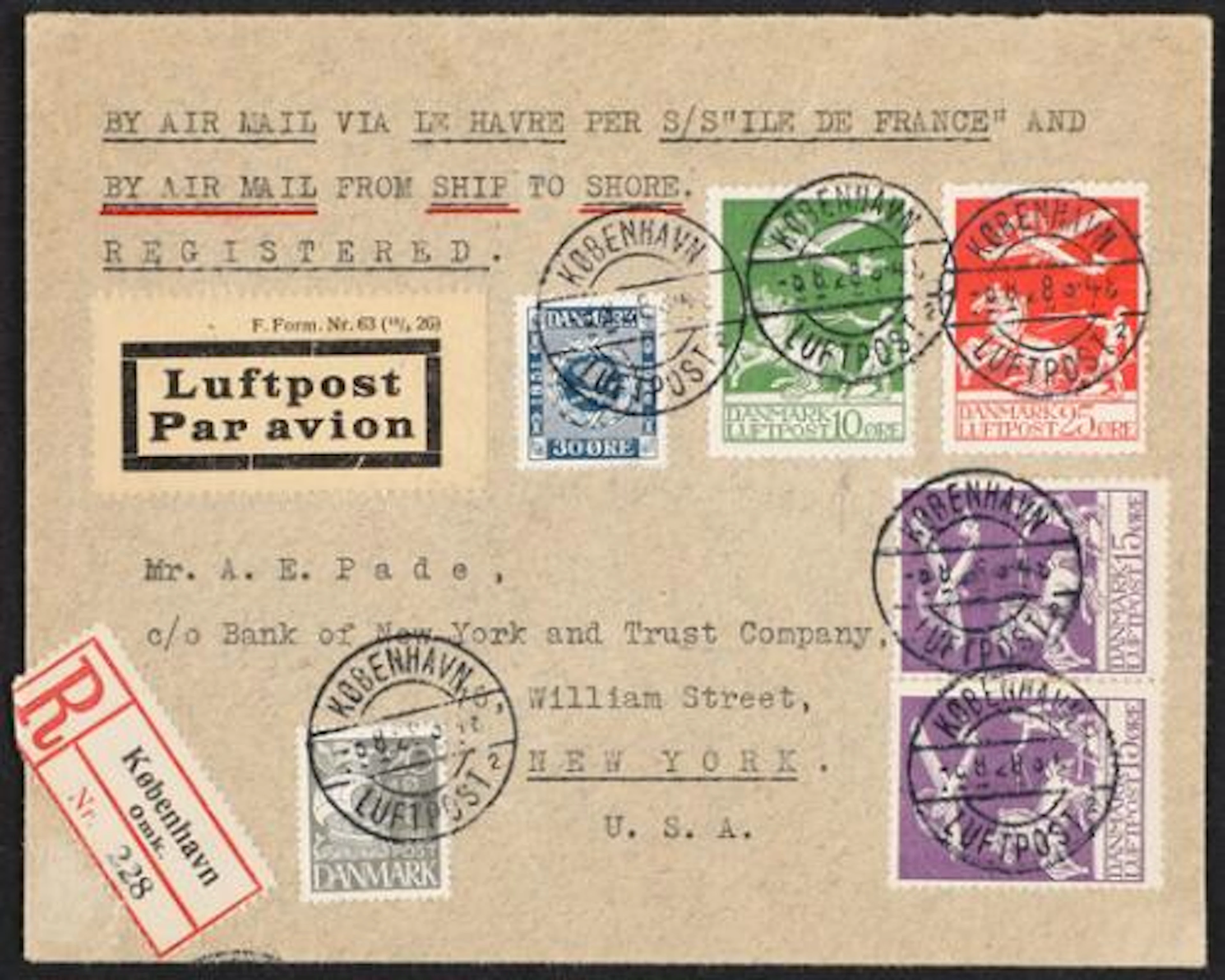 1925. Airmail, 10-25 øre. Totally 115 øre on CATAPULTPOST cover via