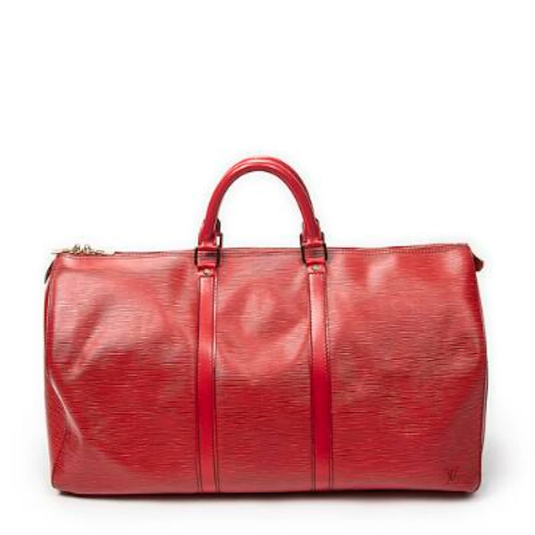 Louis Vuitton: A "Keepall 50" bag of red Epi-leather with two handles