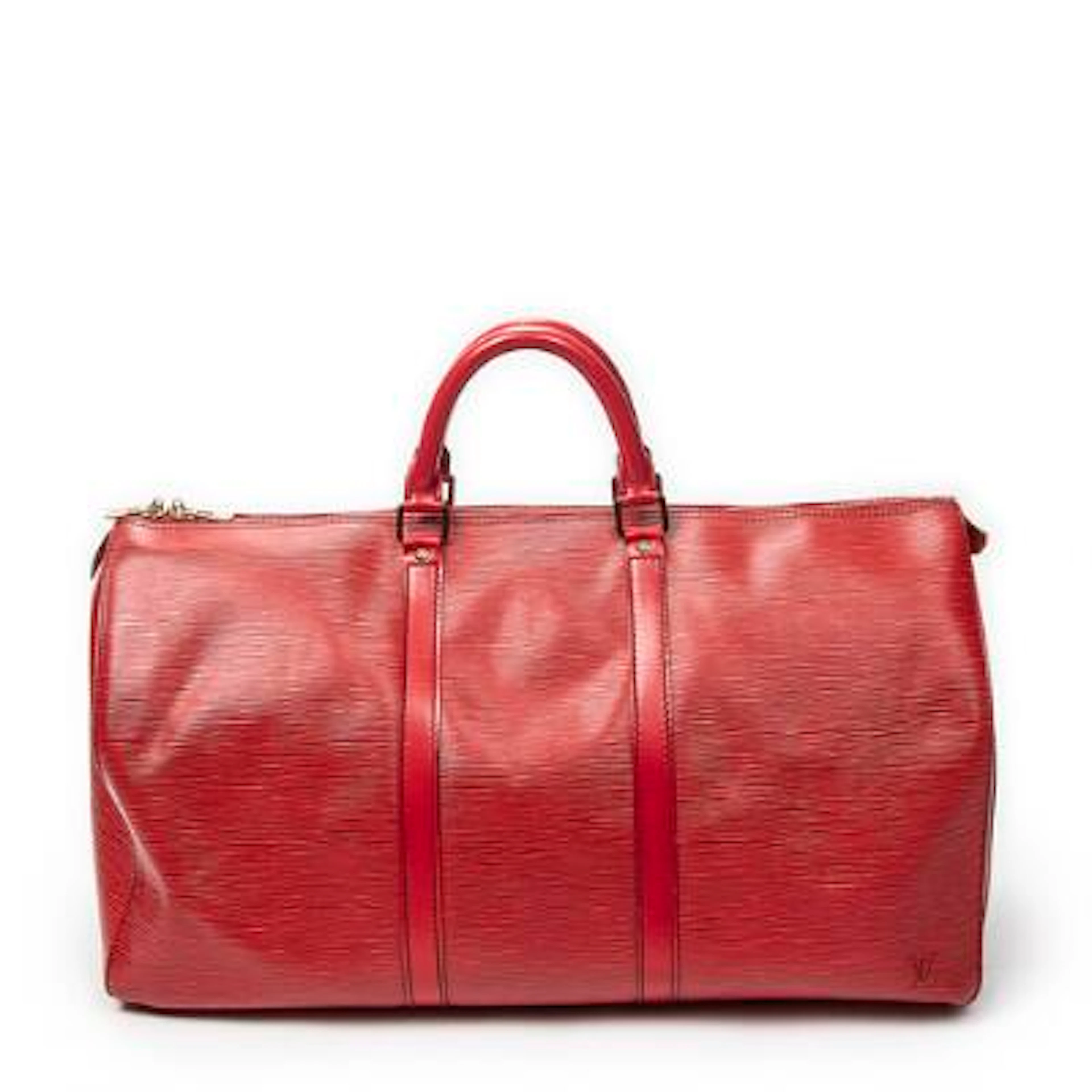 Louis Vuitton: A "Keepall 50" bag of red Epi-leather with two handles