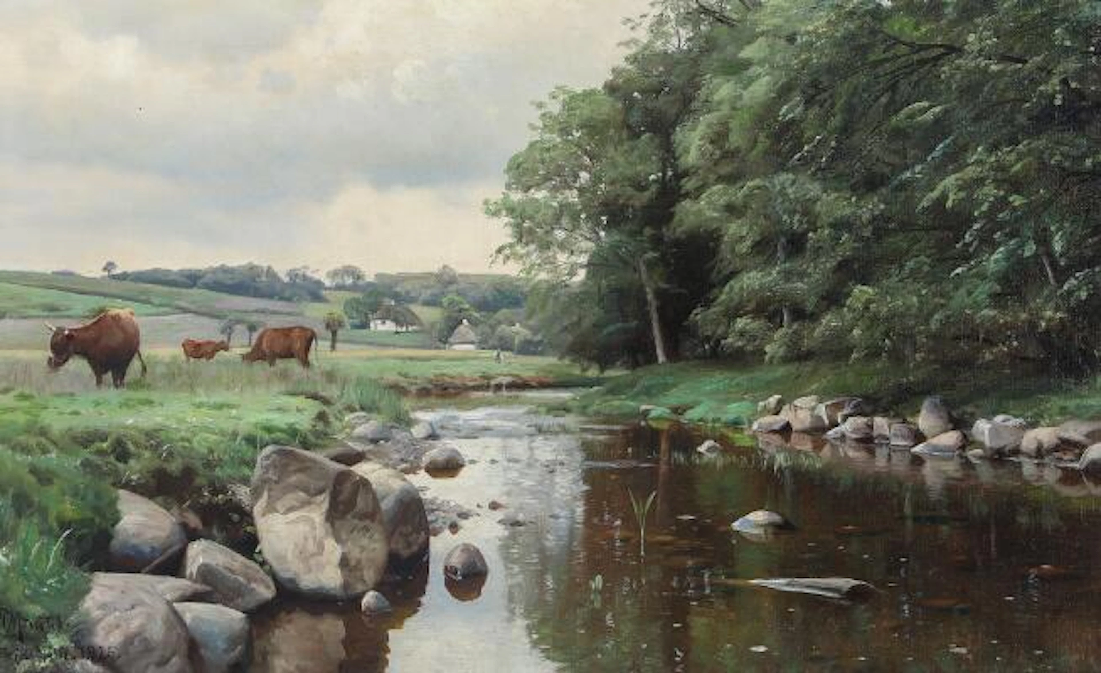 Peder Mønsted: Scene from Halleby Å, Jyderup area. Signed. Oil on