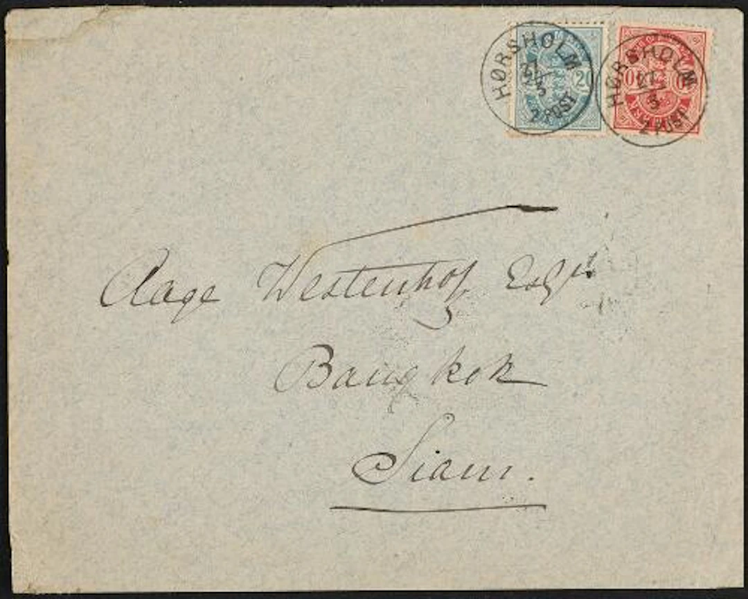 1884. 10 øre, red and 20 øre, blue on excellent cover from Hørsholm