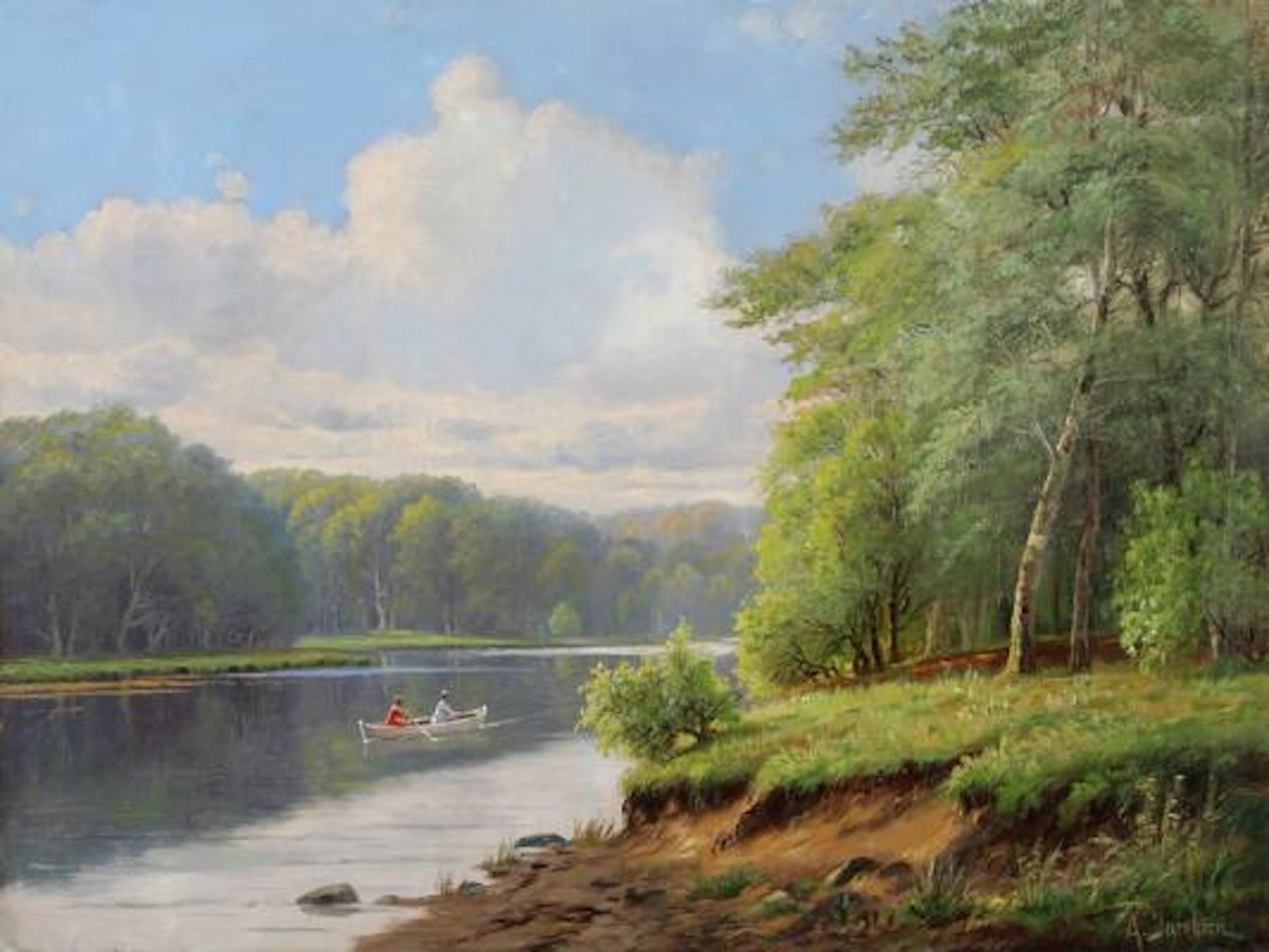 A. Jacobsen: Forest lake with two woman in a boat. Signed A. Jacobsen.