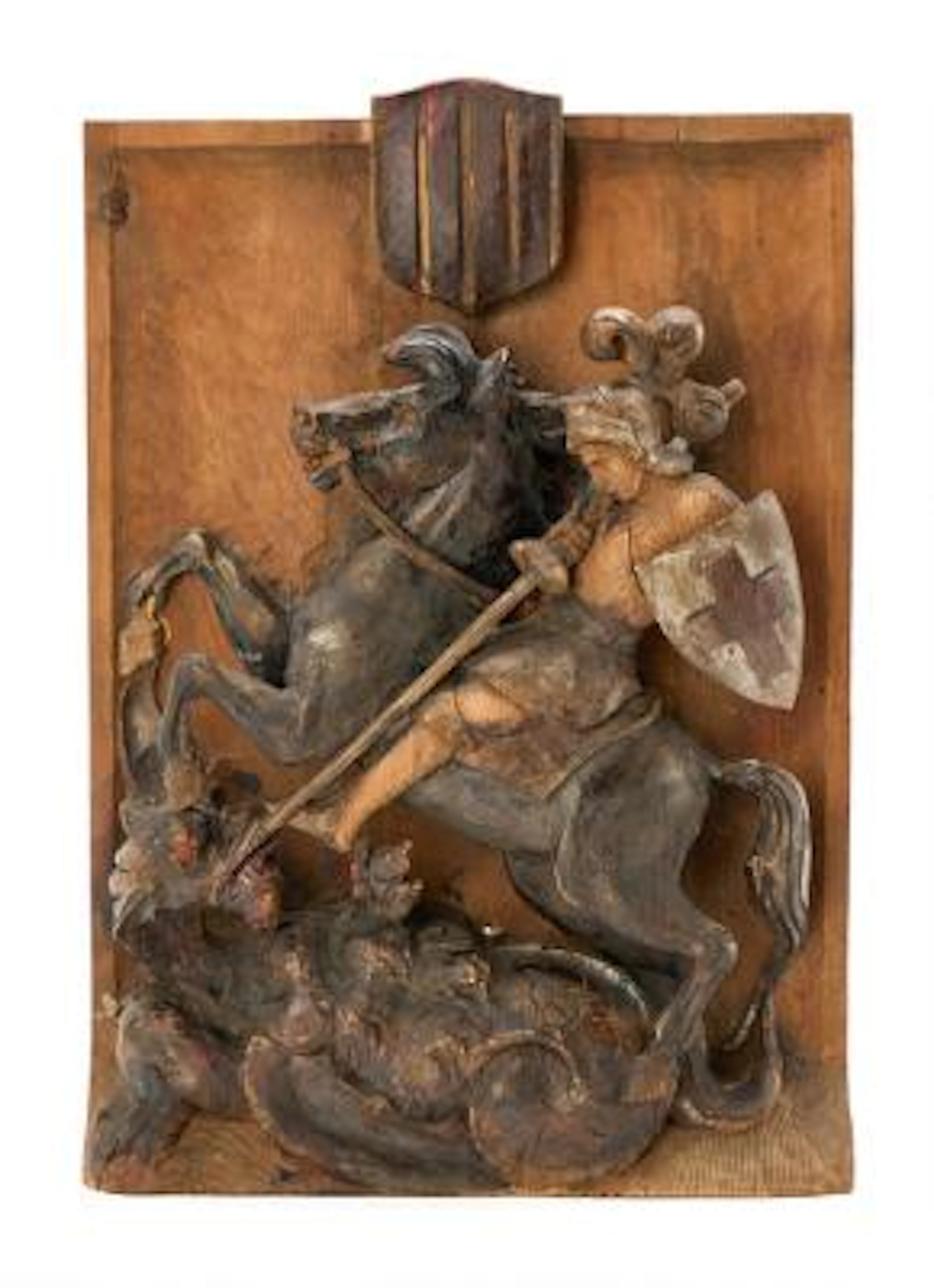 Relief of carved and painted wood depicting Saint George and the Dragon.