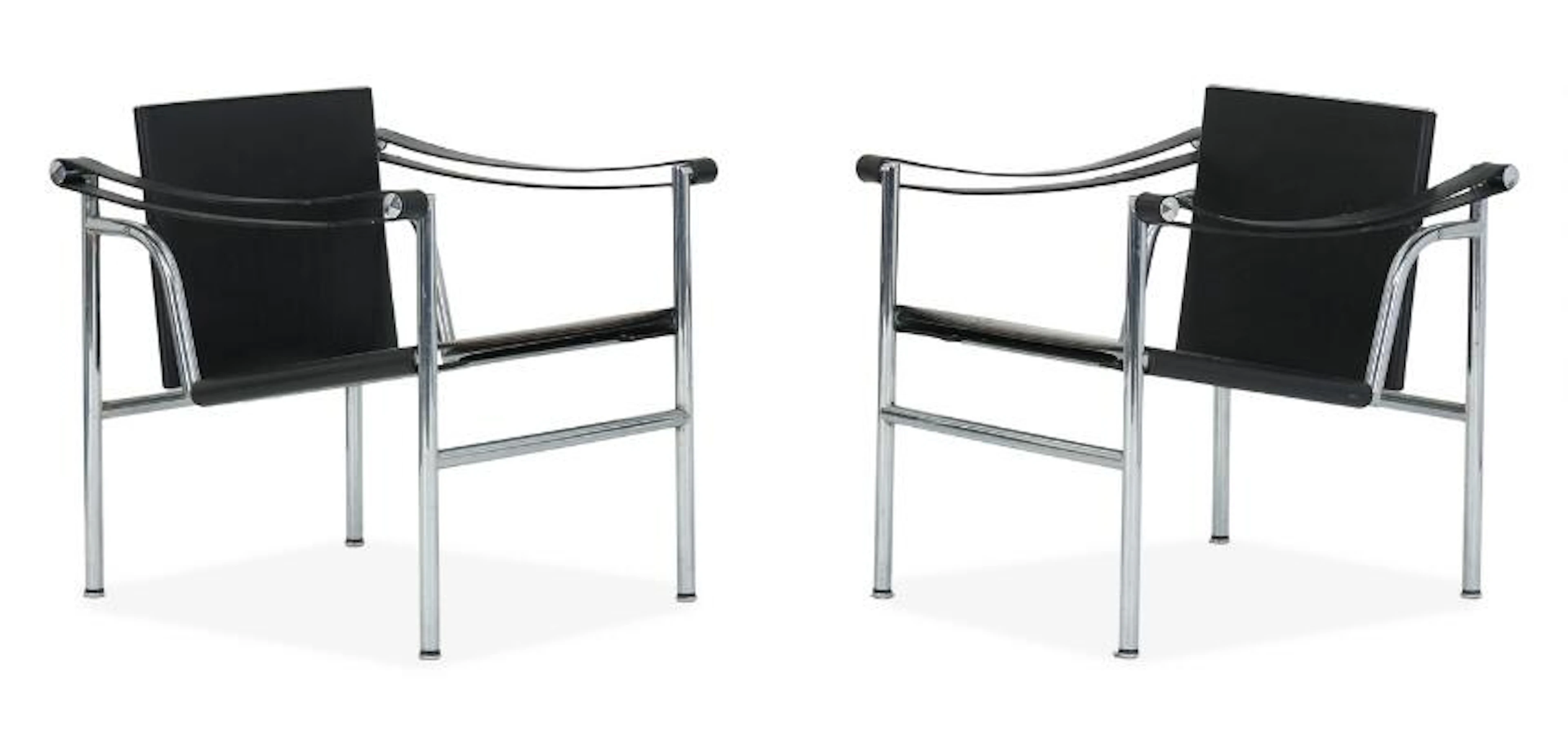 Le Corbusier: "LC 1". A pair of easy chairs with frame of chromed