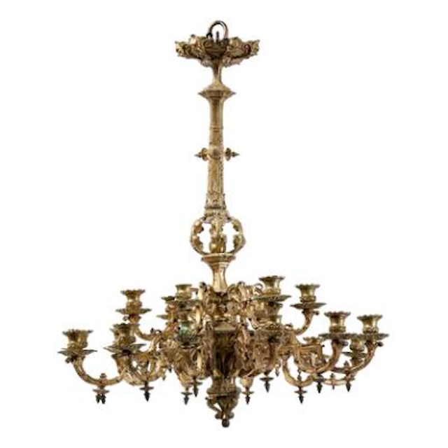 French chandelier of gilt bronze with eighteen light arms in two levels.
