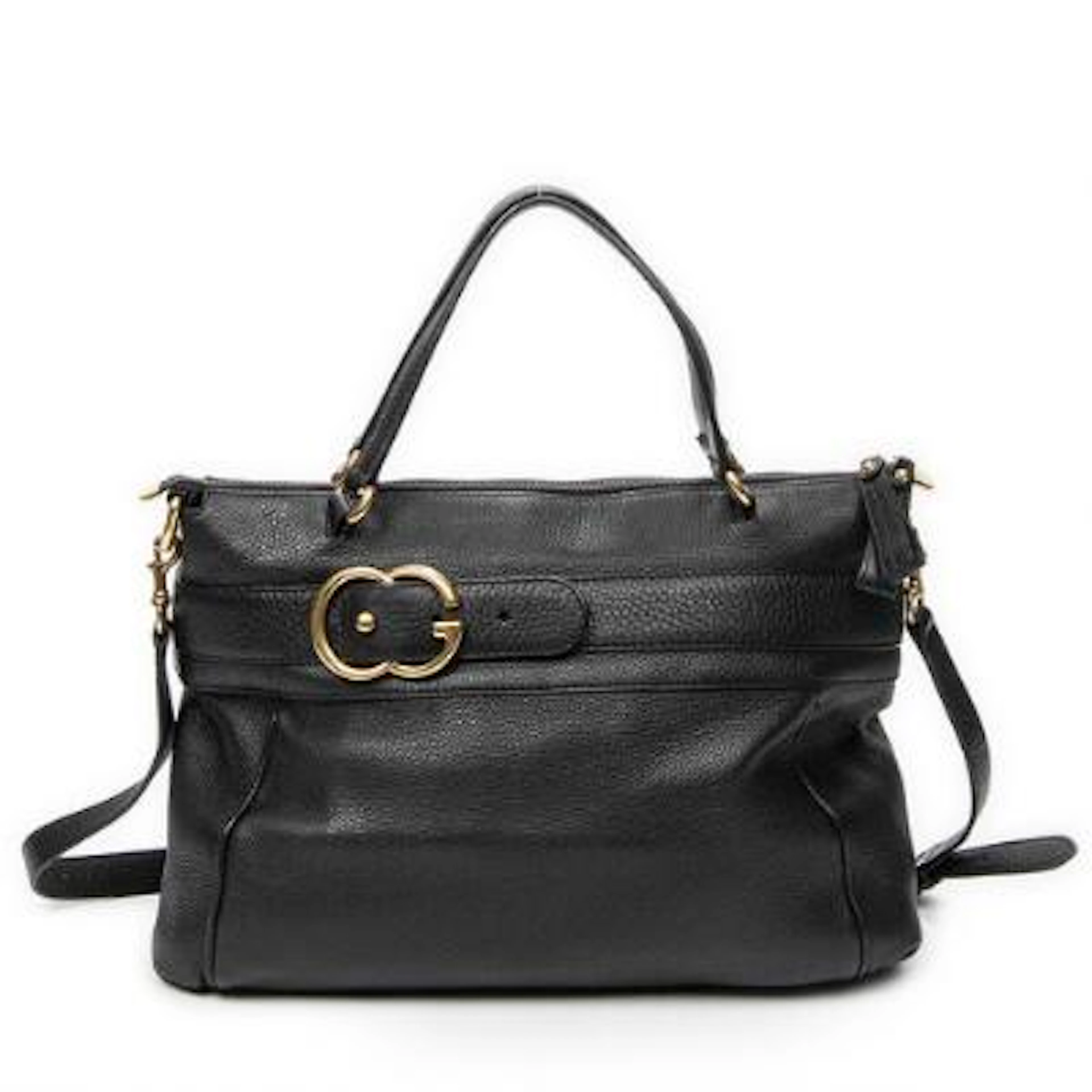 Gucci: A bag of black leather with gold tone hardware, two handles