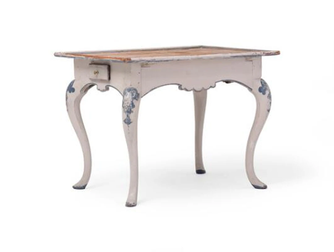 Tile-top table of painted wood. Top with 35 loose tiles decorated