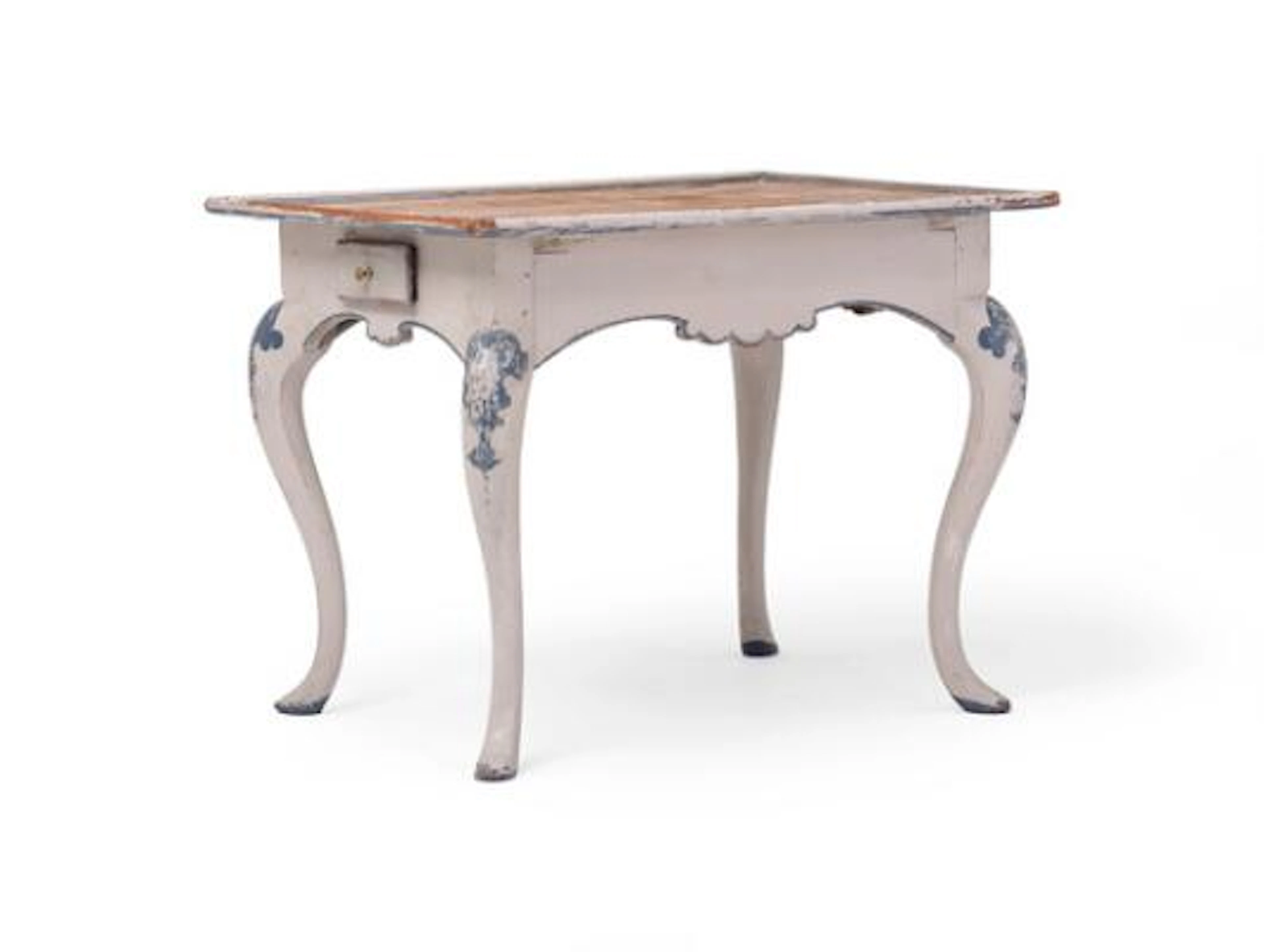 Tile-top table of painted wood. Top with 35 loose tiles decorated