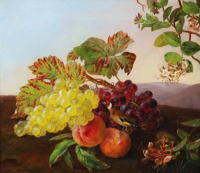 Hanne Hellesen: Still life with a tankard, grapes and peaches. Signed