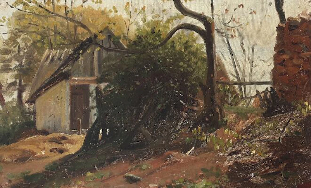 Viggo Johansen: Scenery from a thatched cottage. Signed and dated
