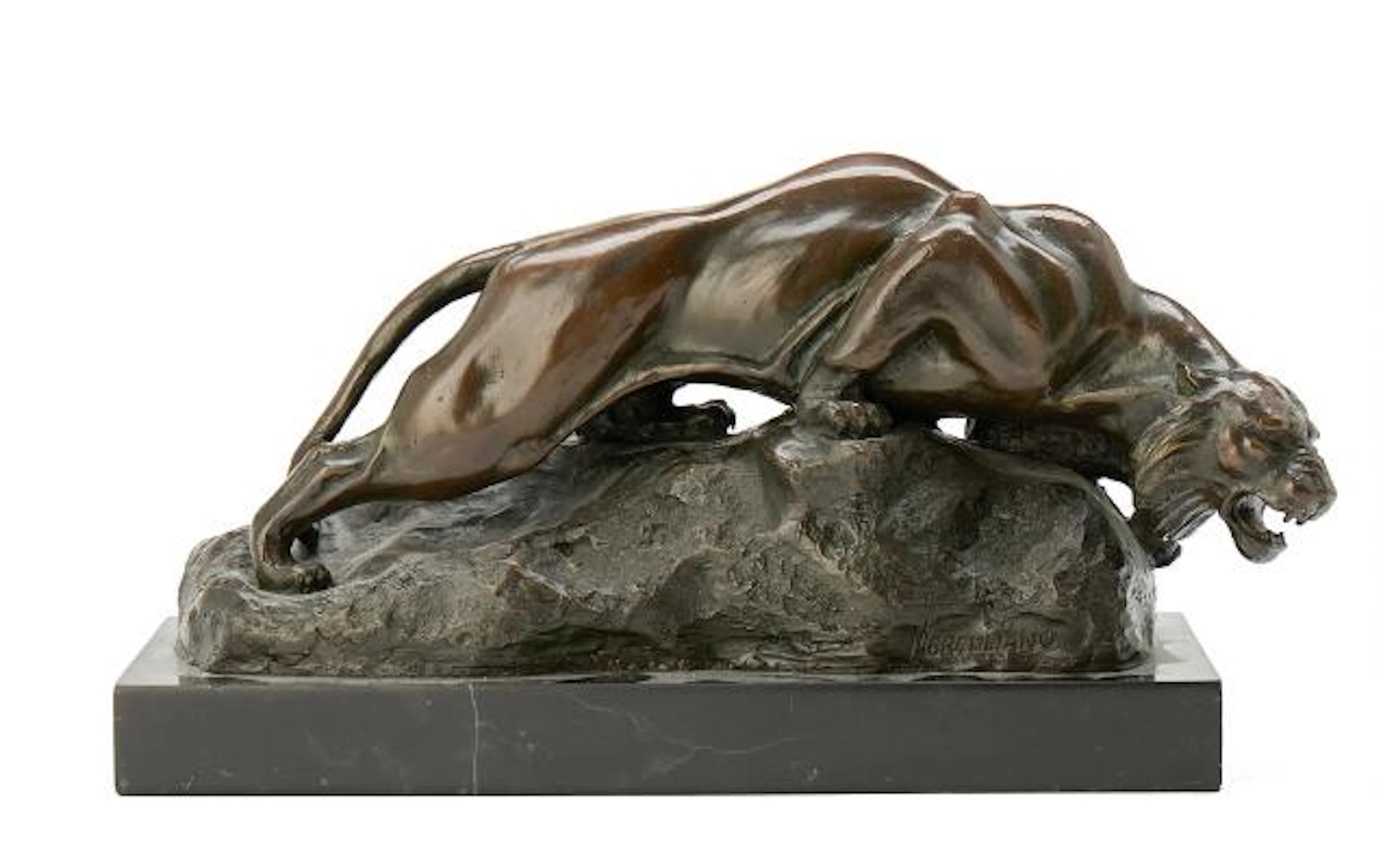 Giacomo Merculiano: Panther in bronze on marble base. H. 18 cm L.