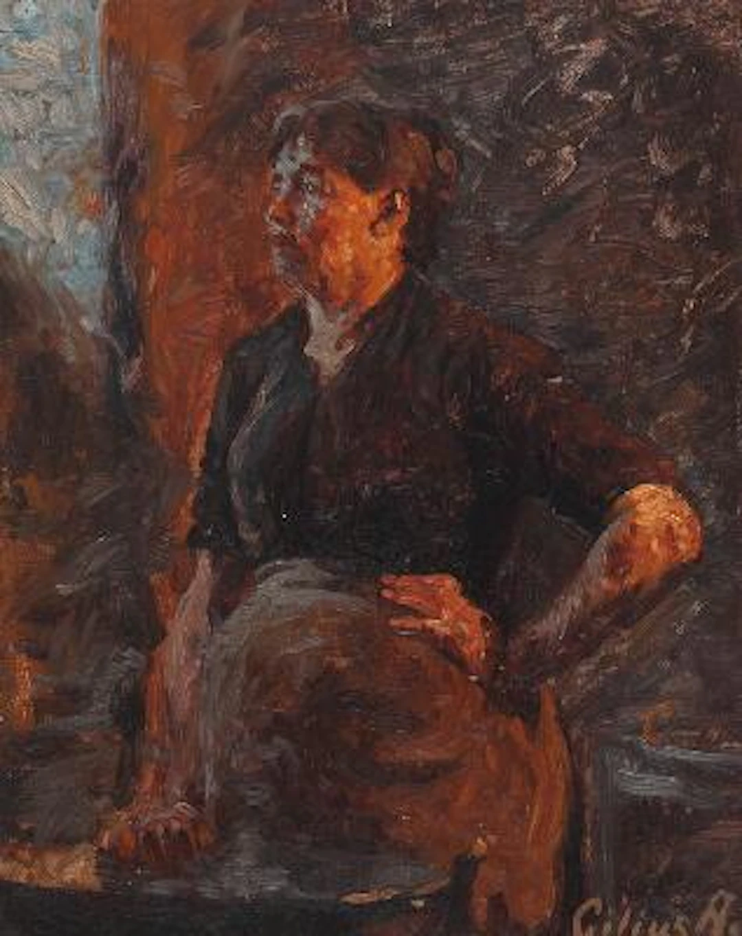 Cilius Andersen: nterior with a woman washing clothes. Signed Cilius