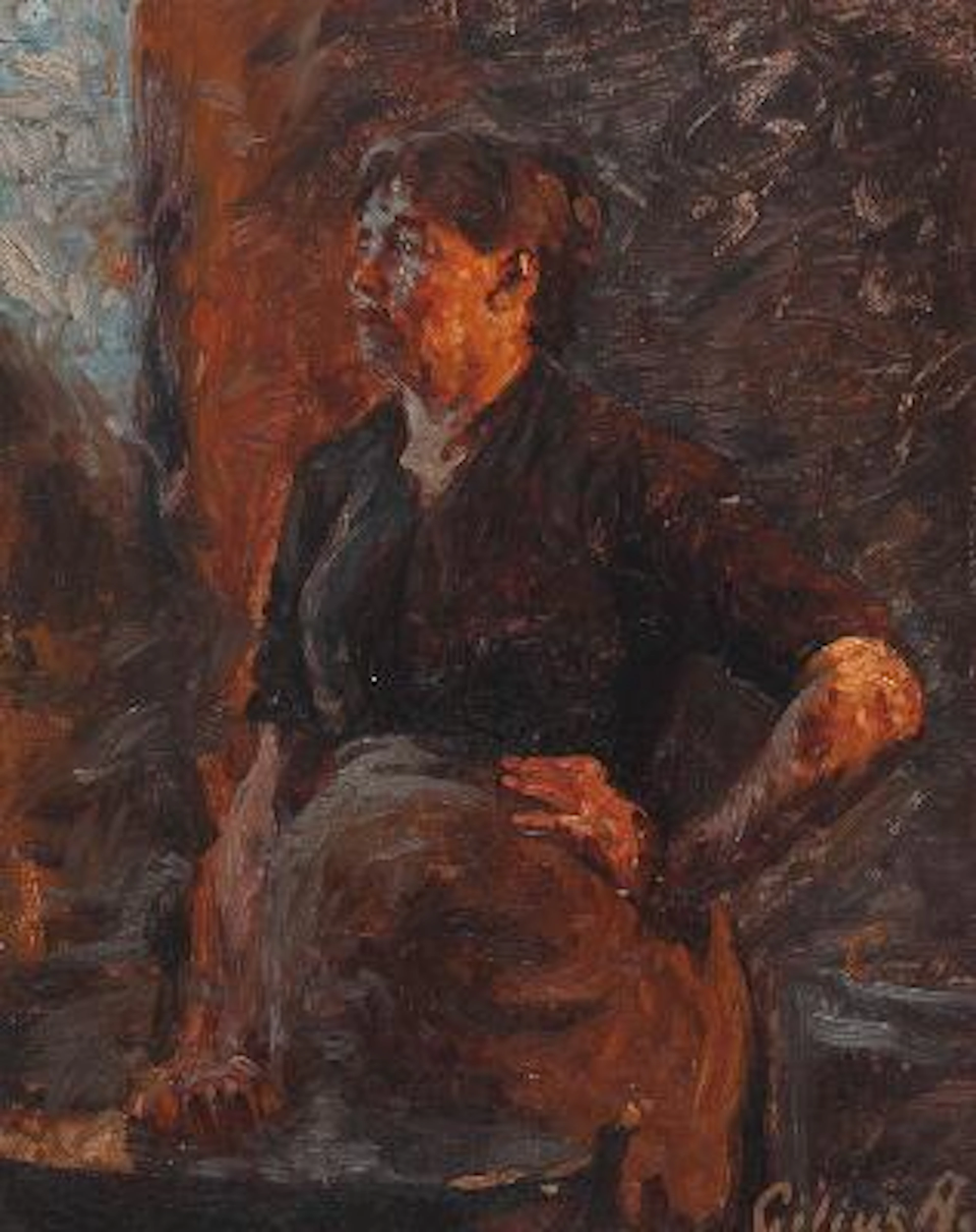 Cilius Andersen: nterior with a woman washing clothes. Signed Cilius