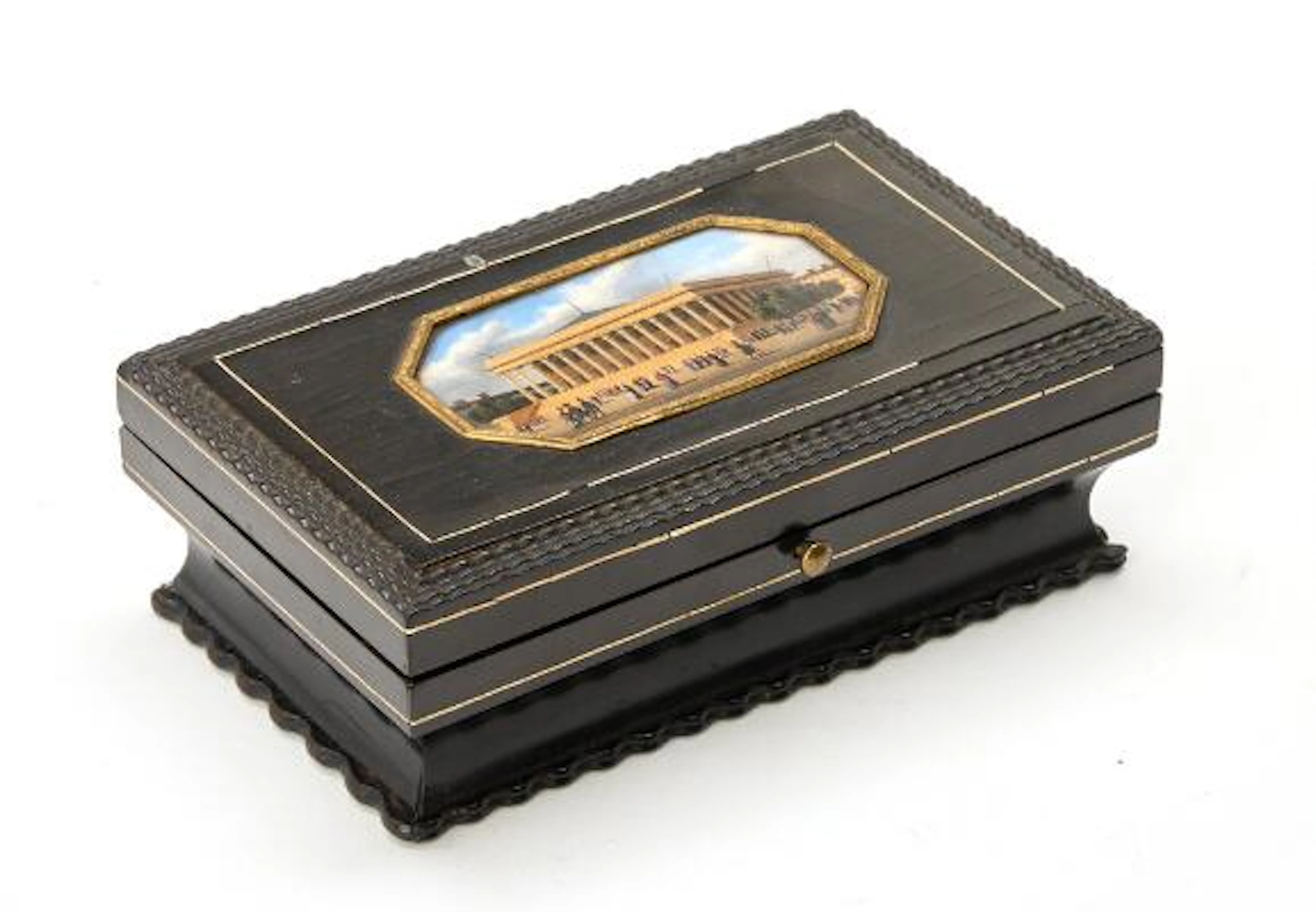 A 19th century Baroque style wooden box, lid inserted a prospectus