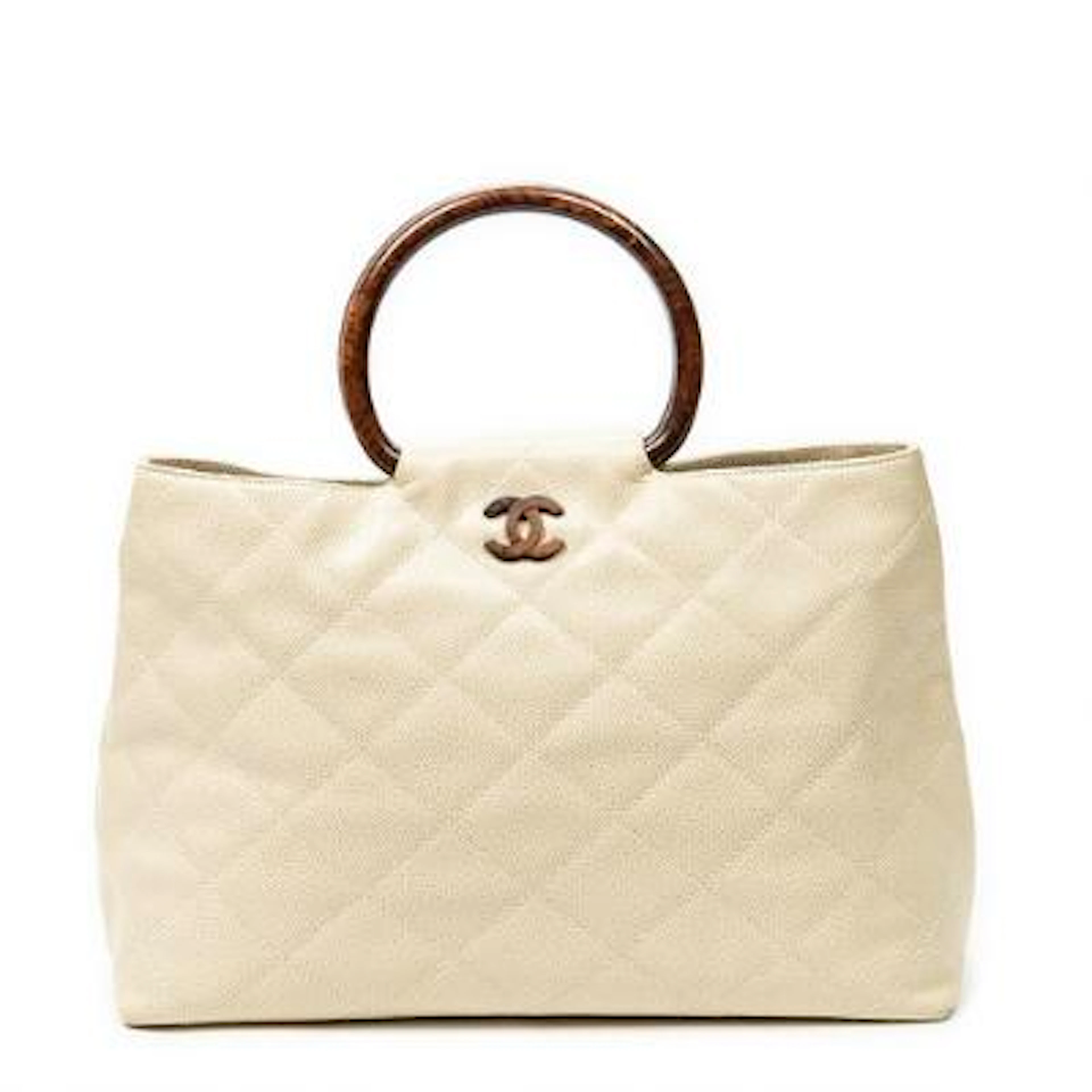 Chanel: A"CC Wood Handle Tote" handbag of beige Caviar leather with