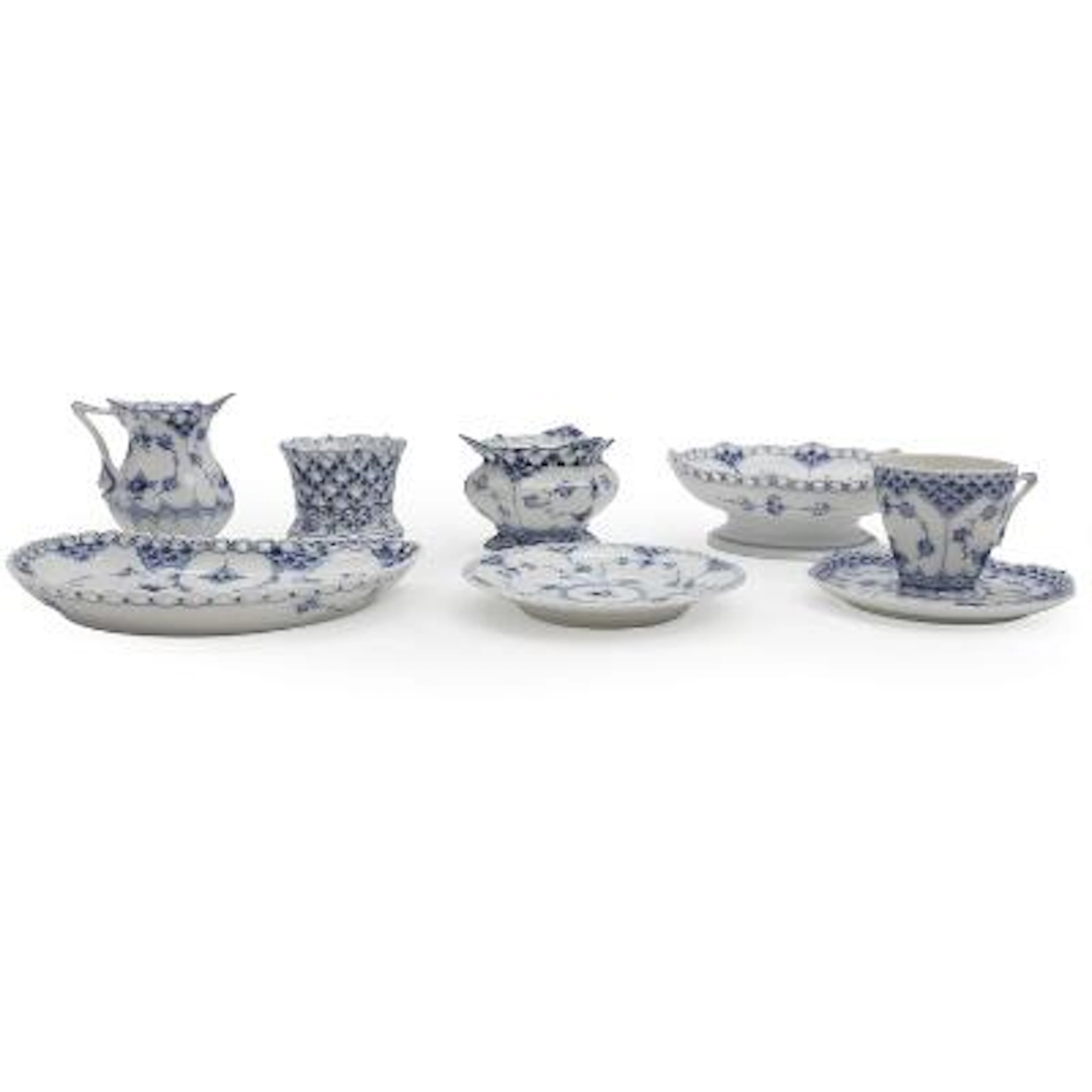 "Blue Fluted Full Lace". Parts of a porcelain coffee set, decorated