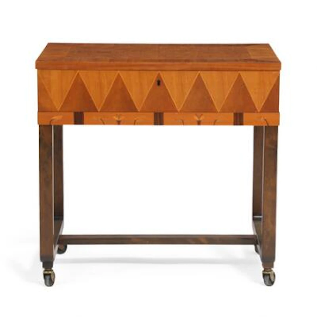 Swedish Grace sewing table in birch and masur birch with intarsia.