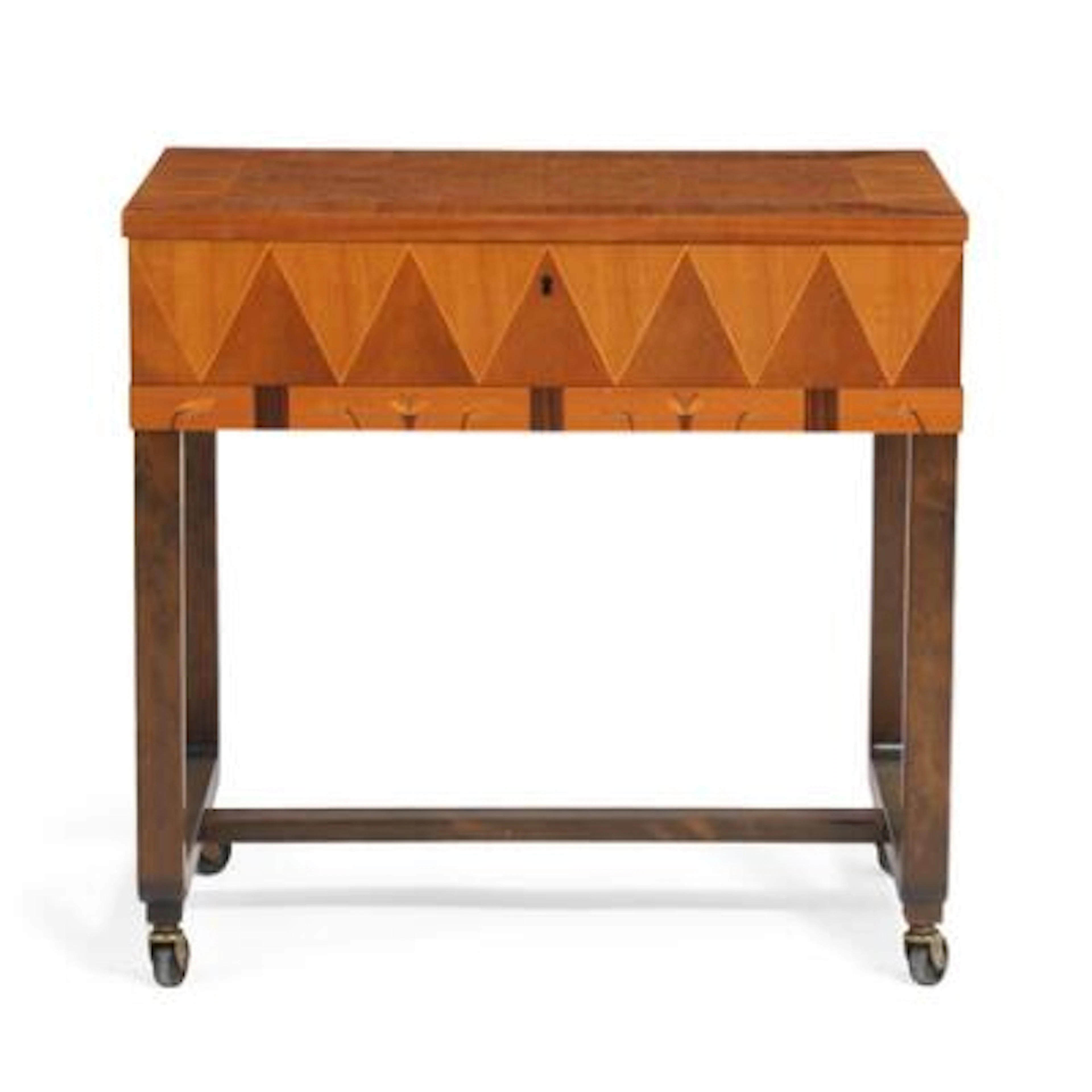 Swedish Grace sewing table in birch and masur birch with intarsia.