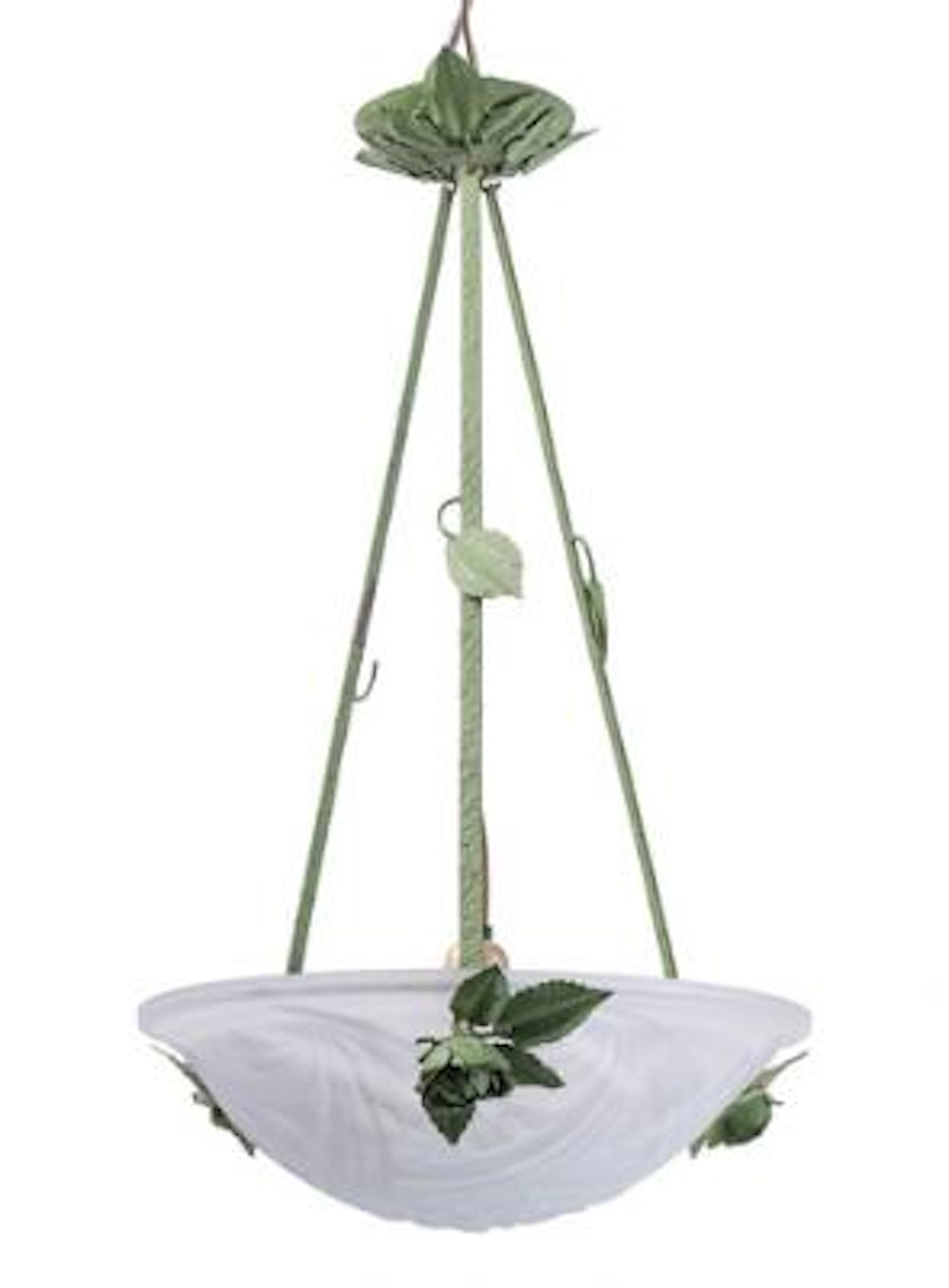 French design: Pendant lamp of frosted glass, suspension of green-painted