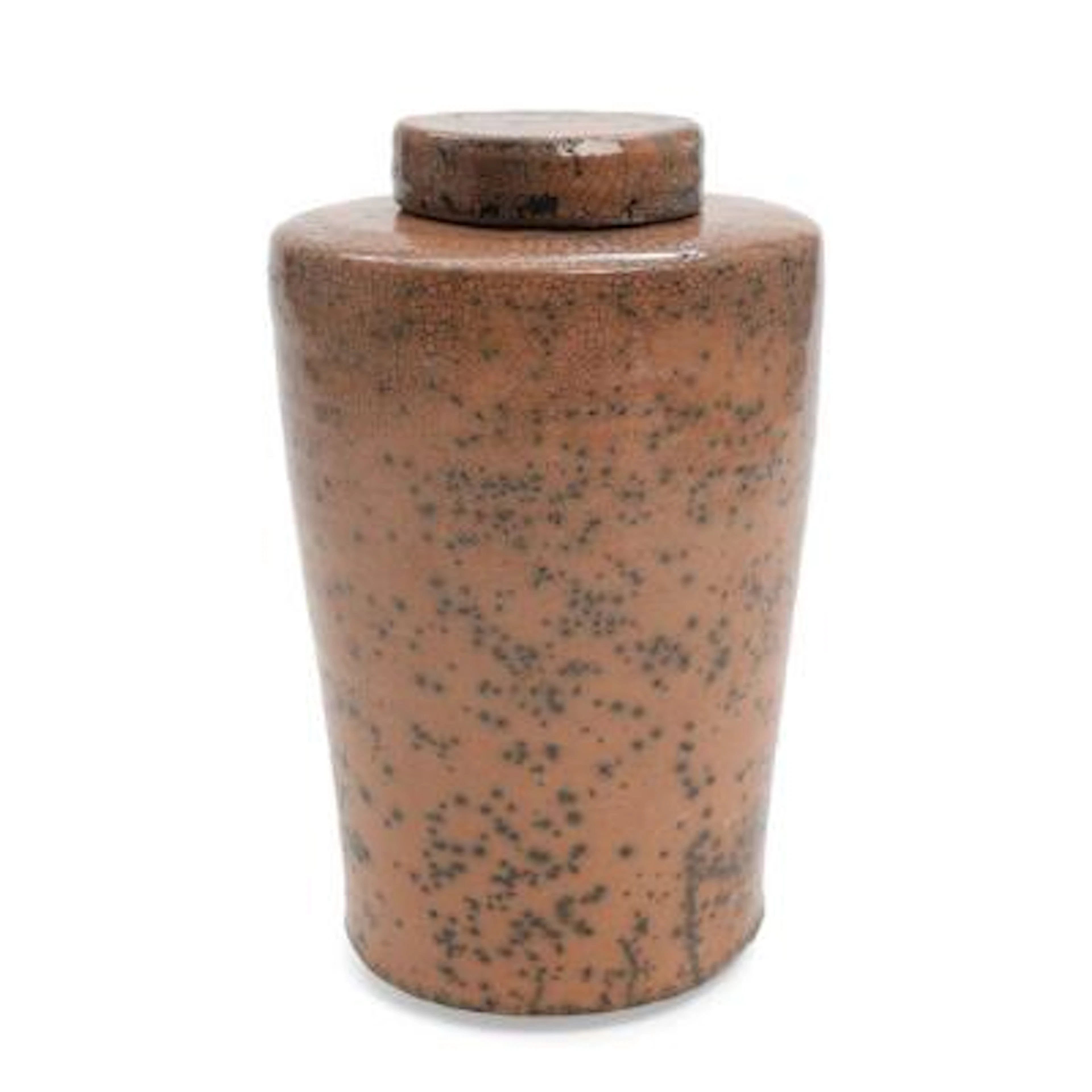 Inger Rokkjær: A raku fired stoneware lid jar, decorated with brownish