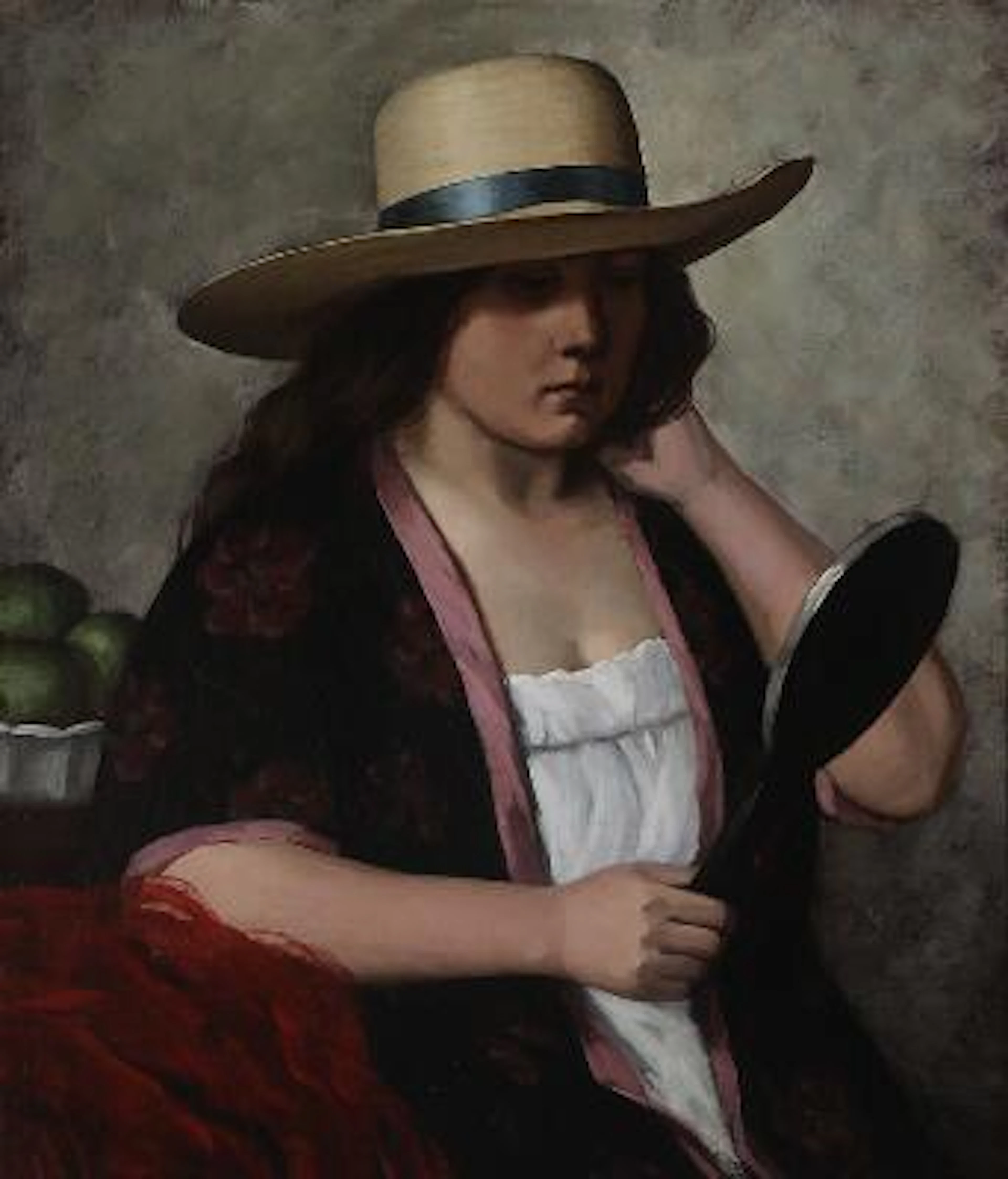 Helge Helme: Girl with a hat holding a mirror. Signed H. Helme. Oil