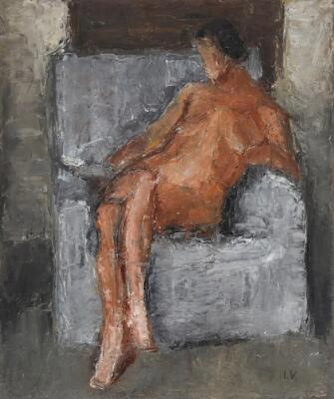 Jeppe Vontillius: Stiudie of a naked lady. Signed I.V. Oil on canvas.