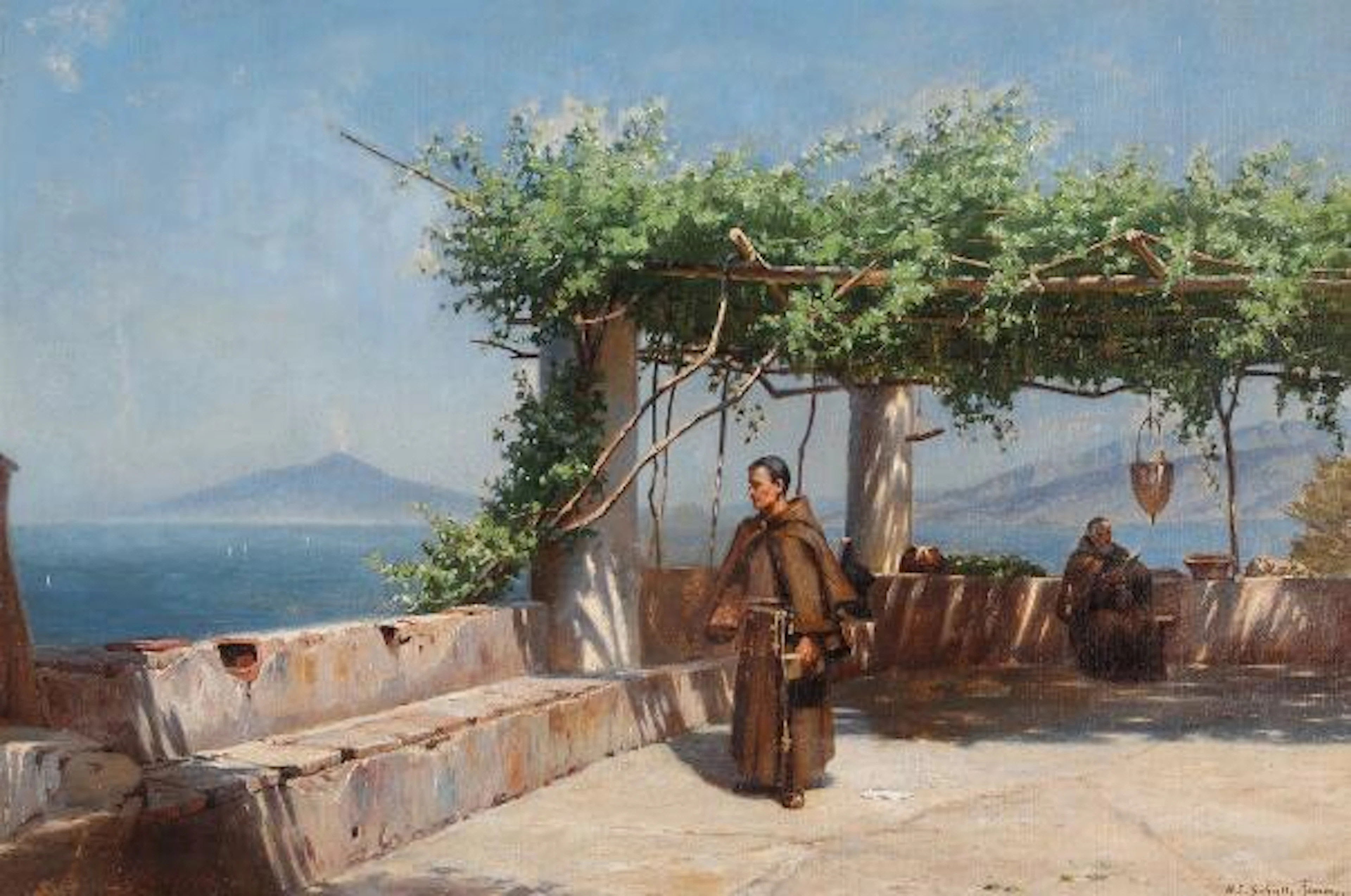 N. F. Schiøttz-Jensen: Scenery with two monks at a loggia. Signed