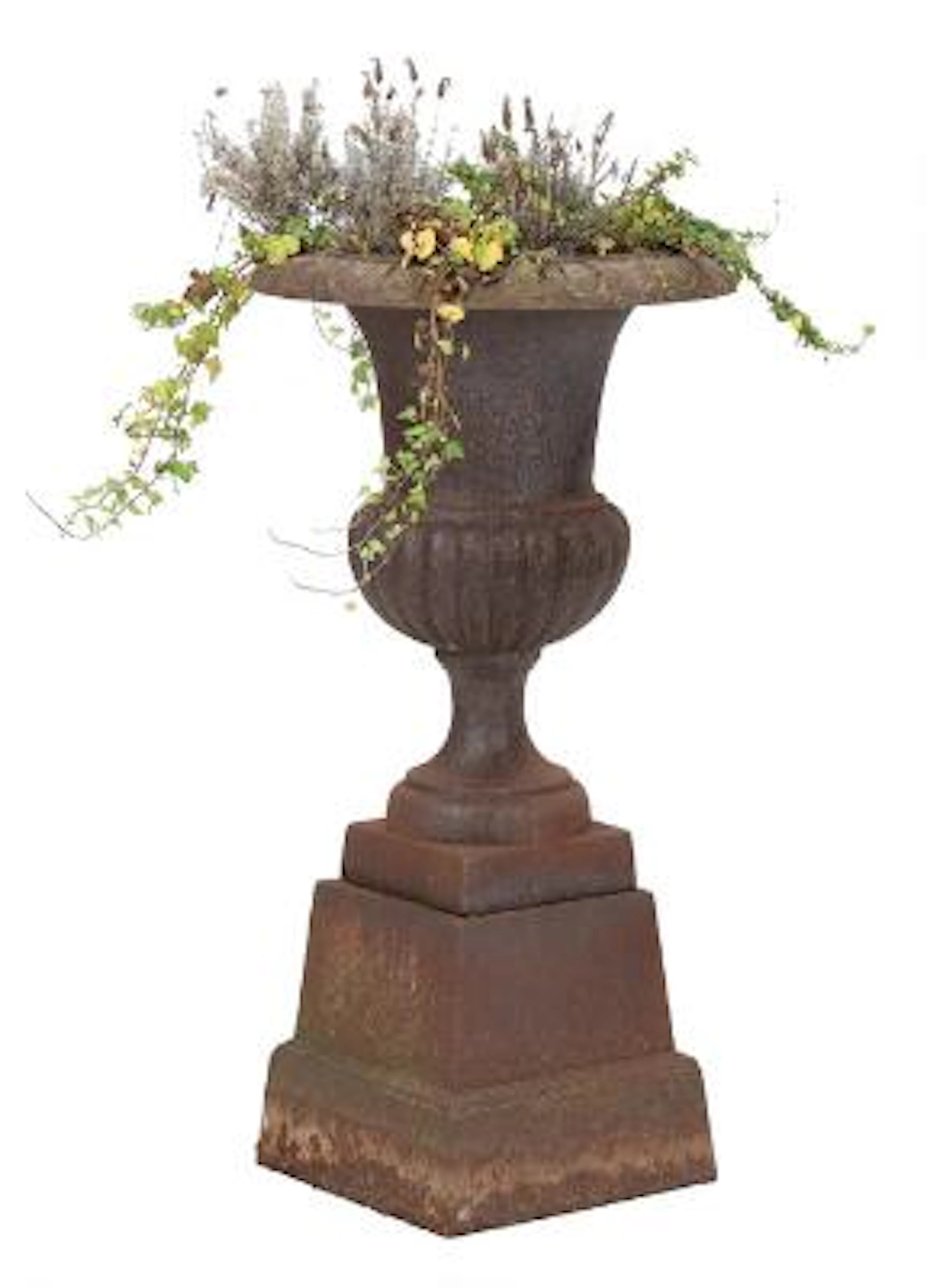 A 20th century French garden vase of patinated cast iron, mounted