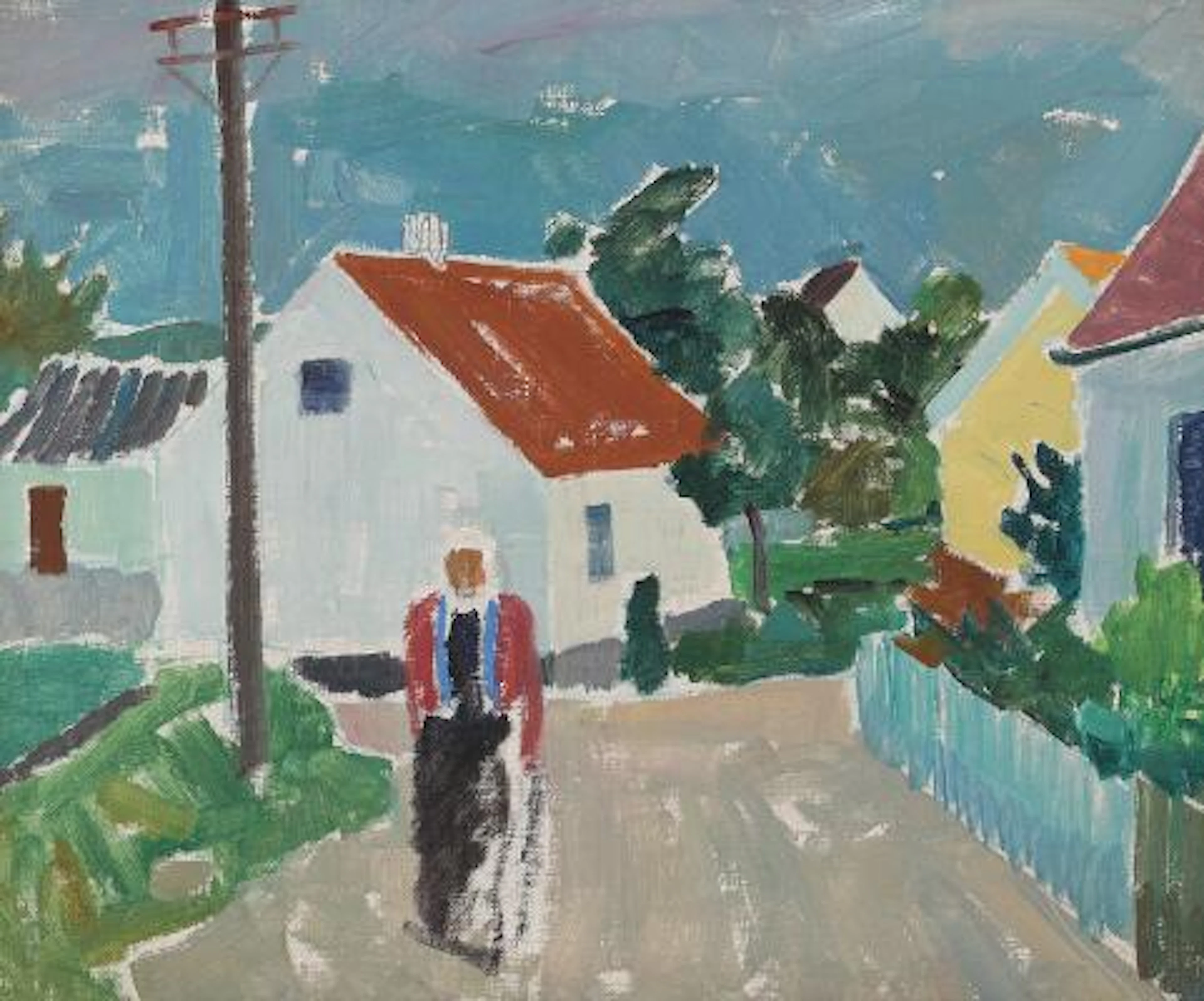 Alma Dysted: Street scene with a walking woman. Unsigned. Oil on canvas.