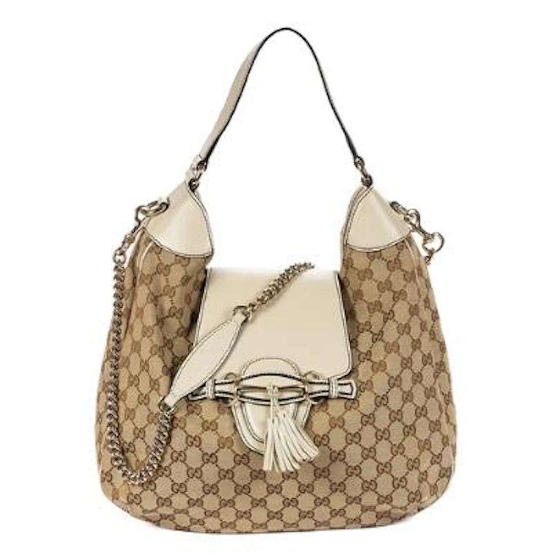 Gucci: A "Emily Chain Large" bag in beige/brown monogram canvas with