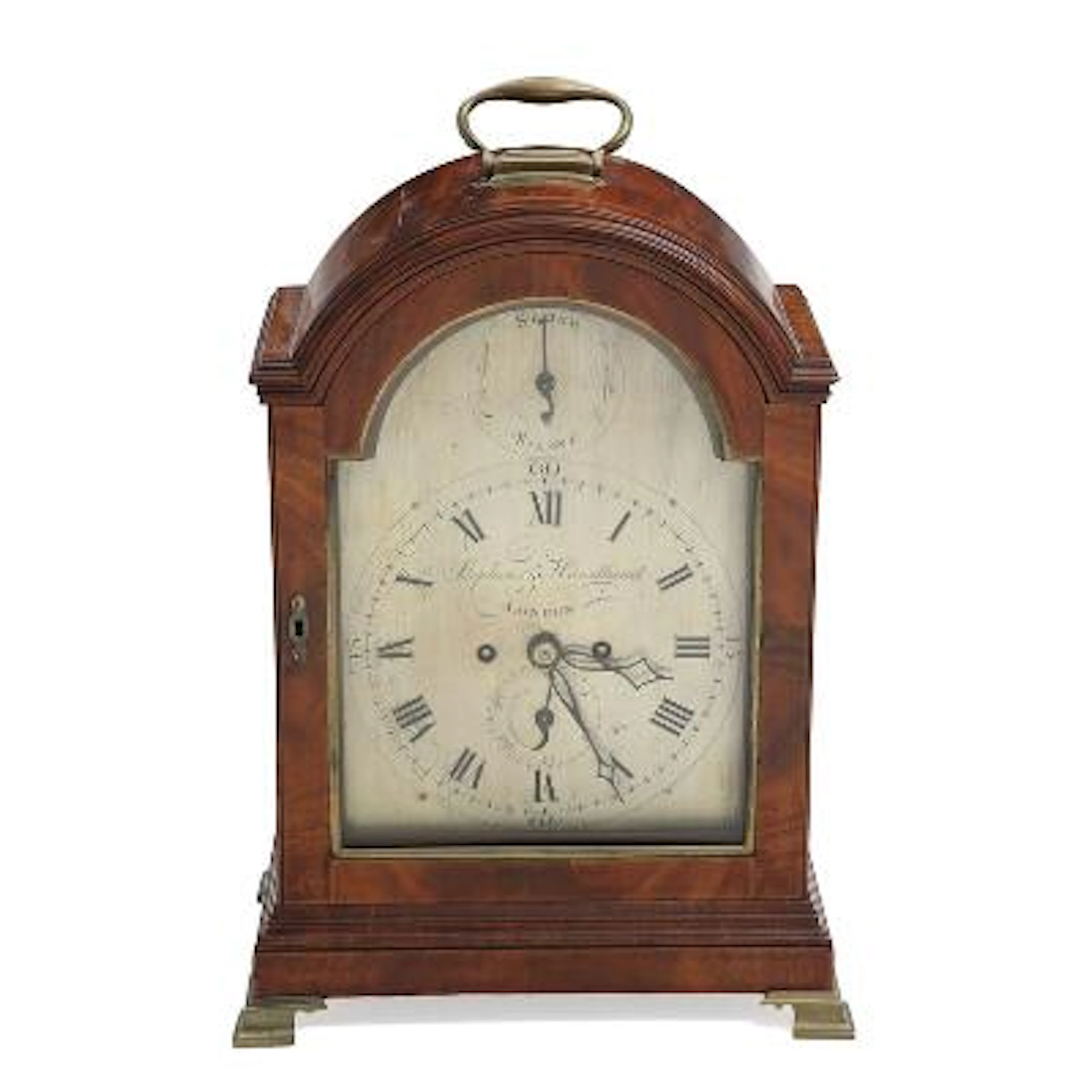 English lantern clock in mahogany case. Signed. Late 18th century.