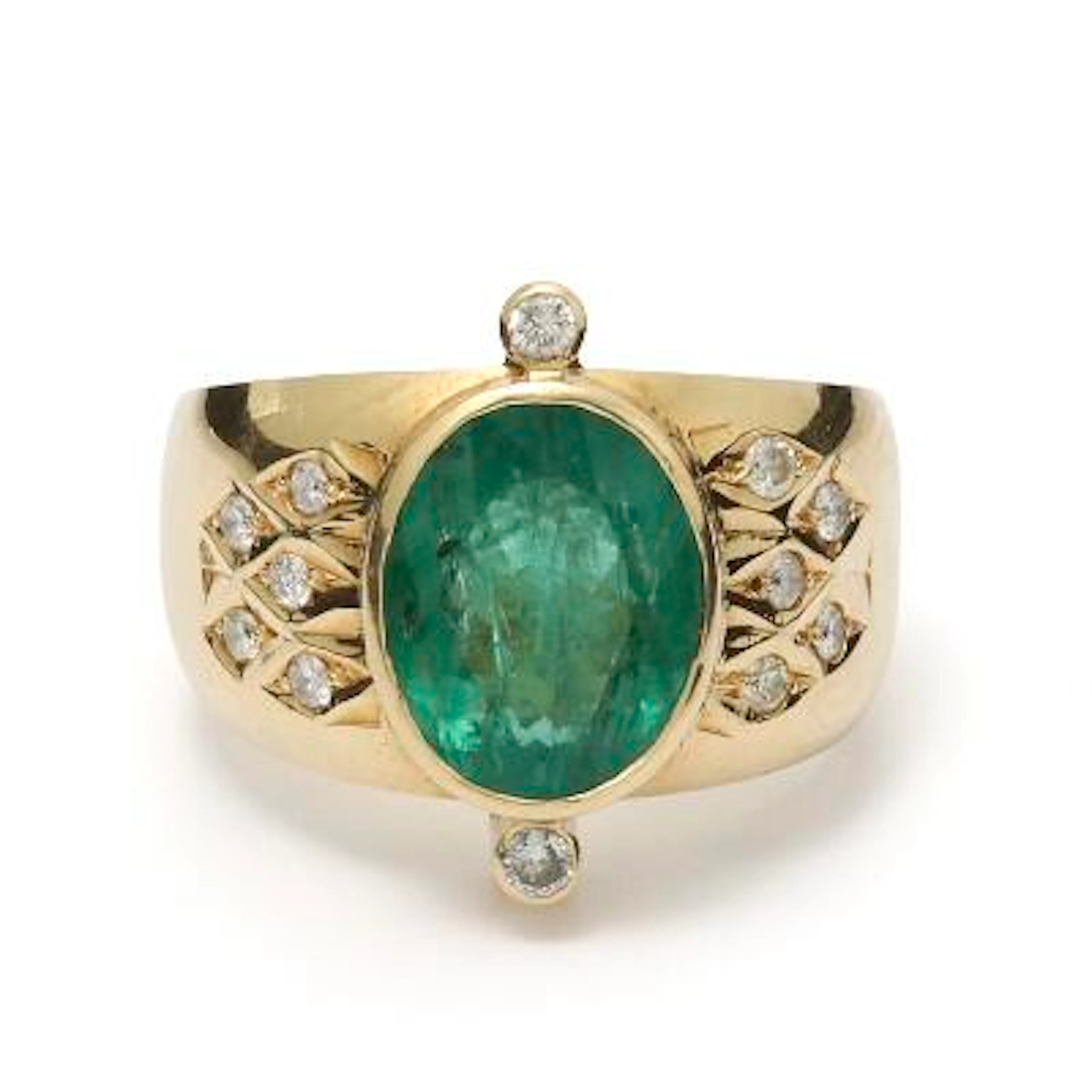An emerald and diamond ring set with an emerald and diamond, mounted