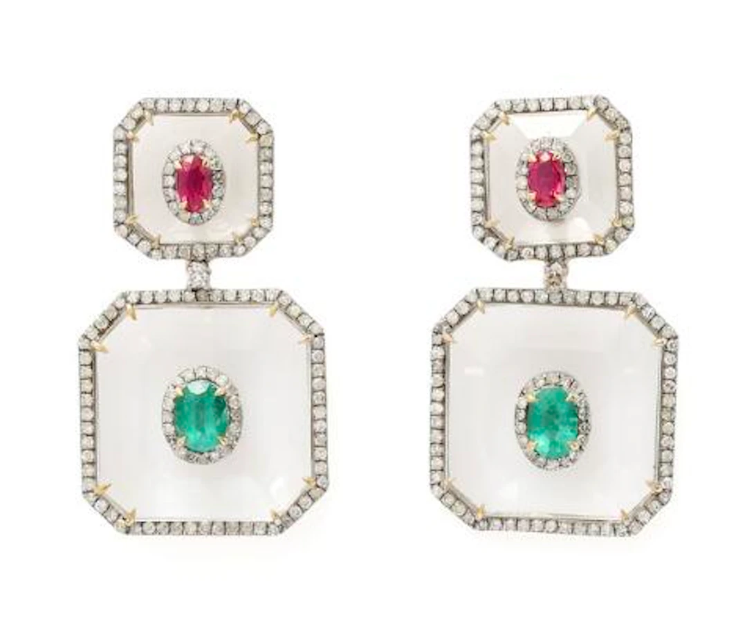 A pair of ear pendants set with rock crystal, ruby, emerald and diamonds