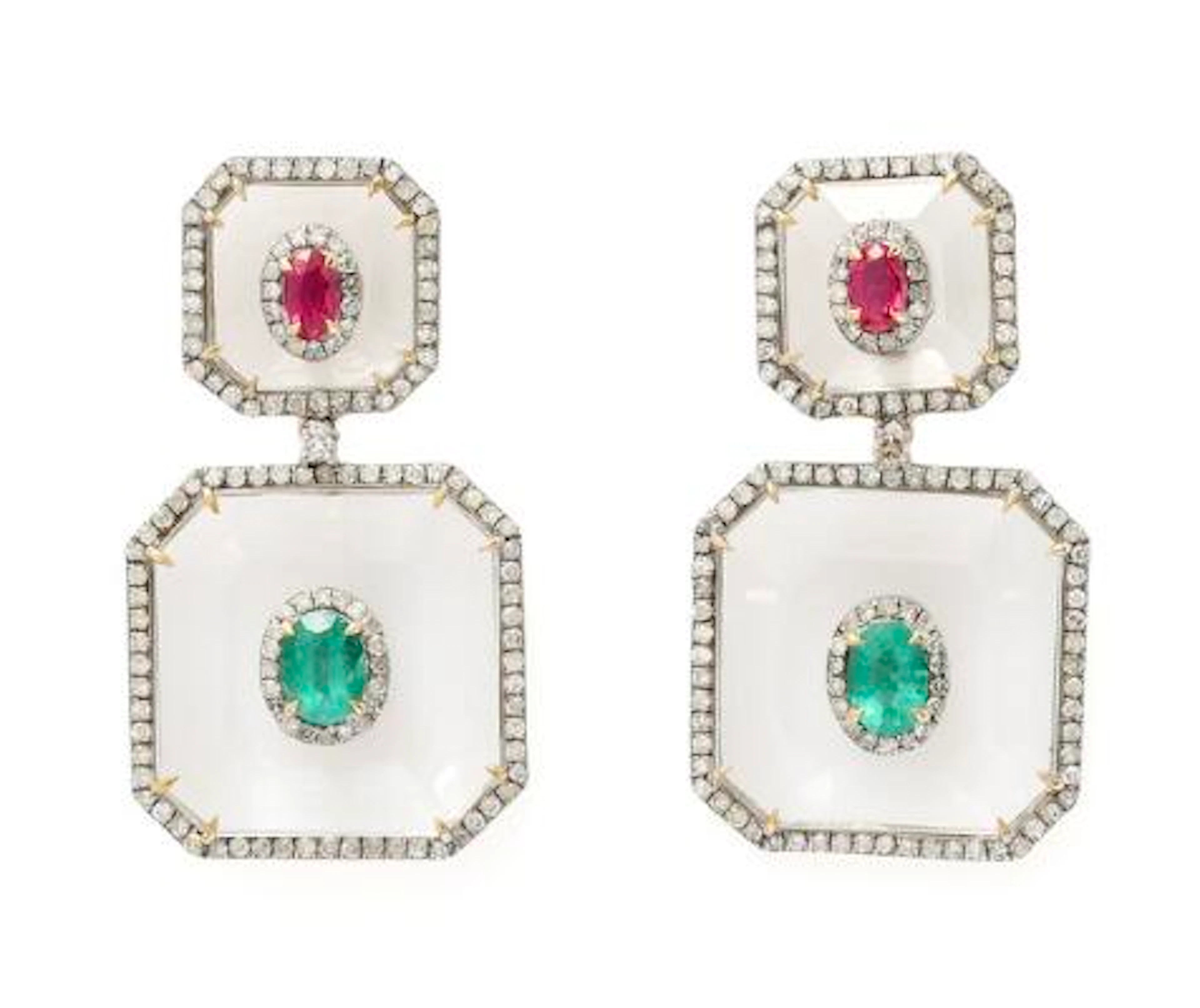 A pair of ear pendants set with rock crystal, ruby, emerald and diamonds