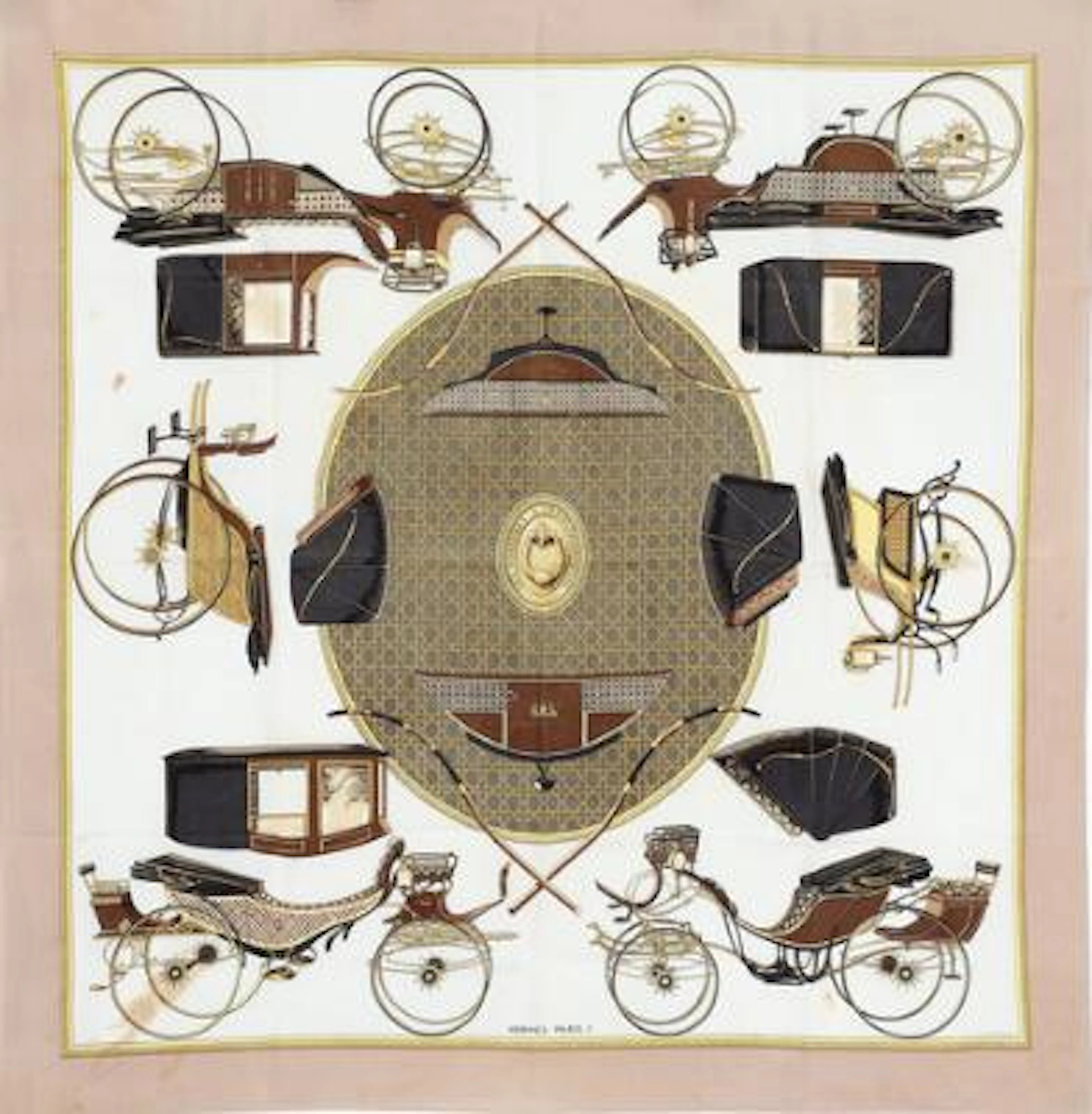 Hermès: silk scarf with motif “Les Voitures à Transformation” by Françoise