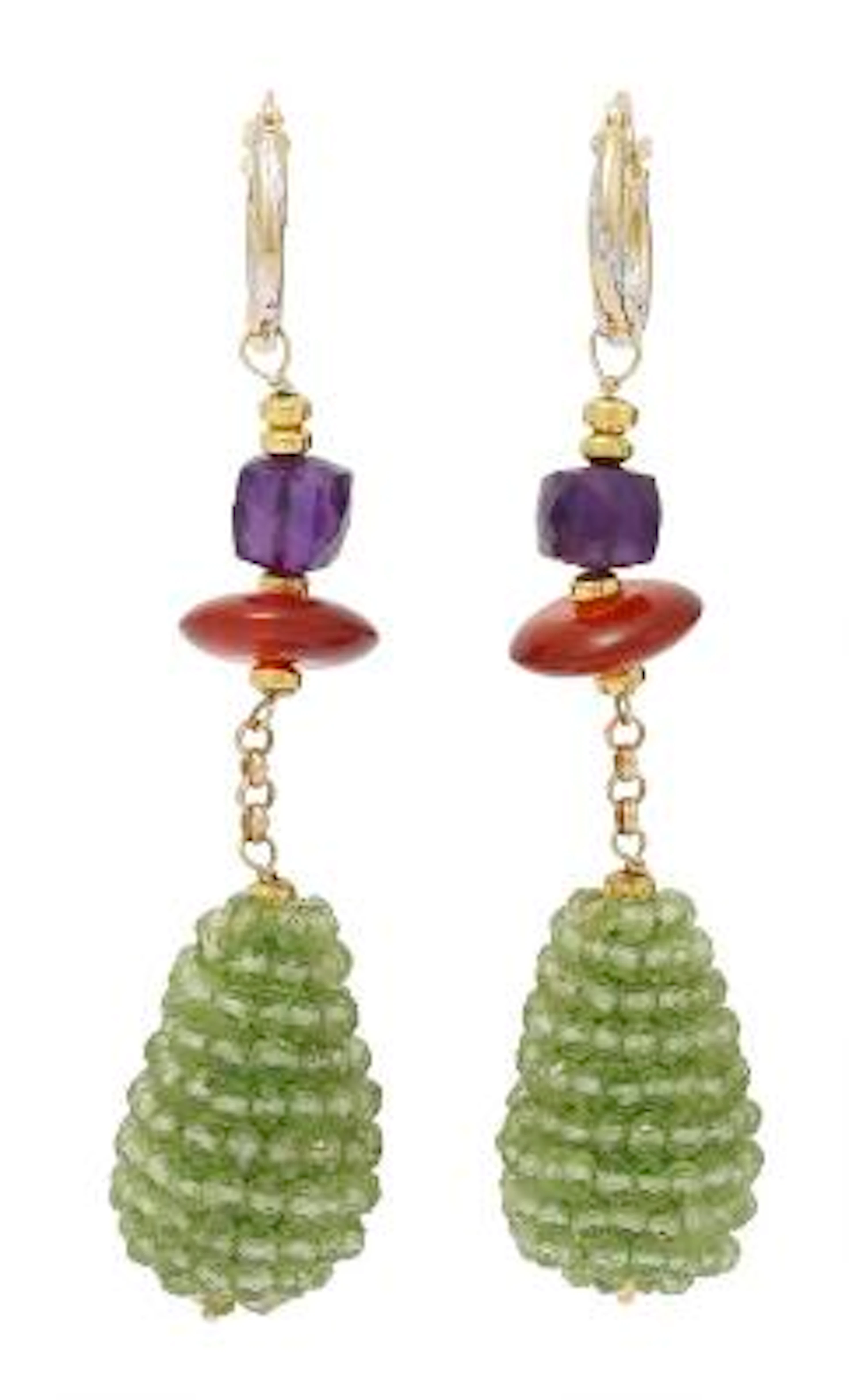 A pair of ear pendants each set with peridote, amethyst and chalcedony
