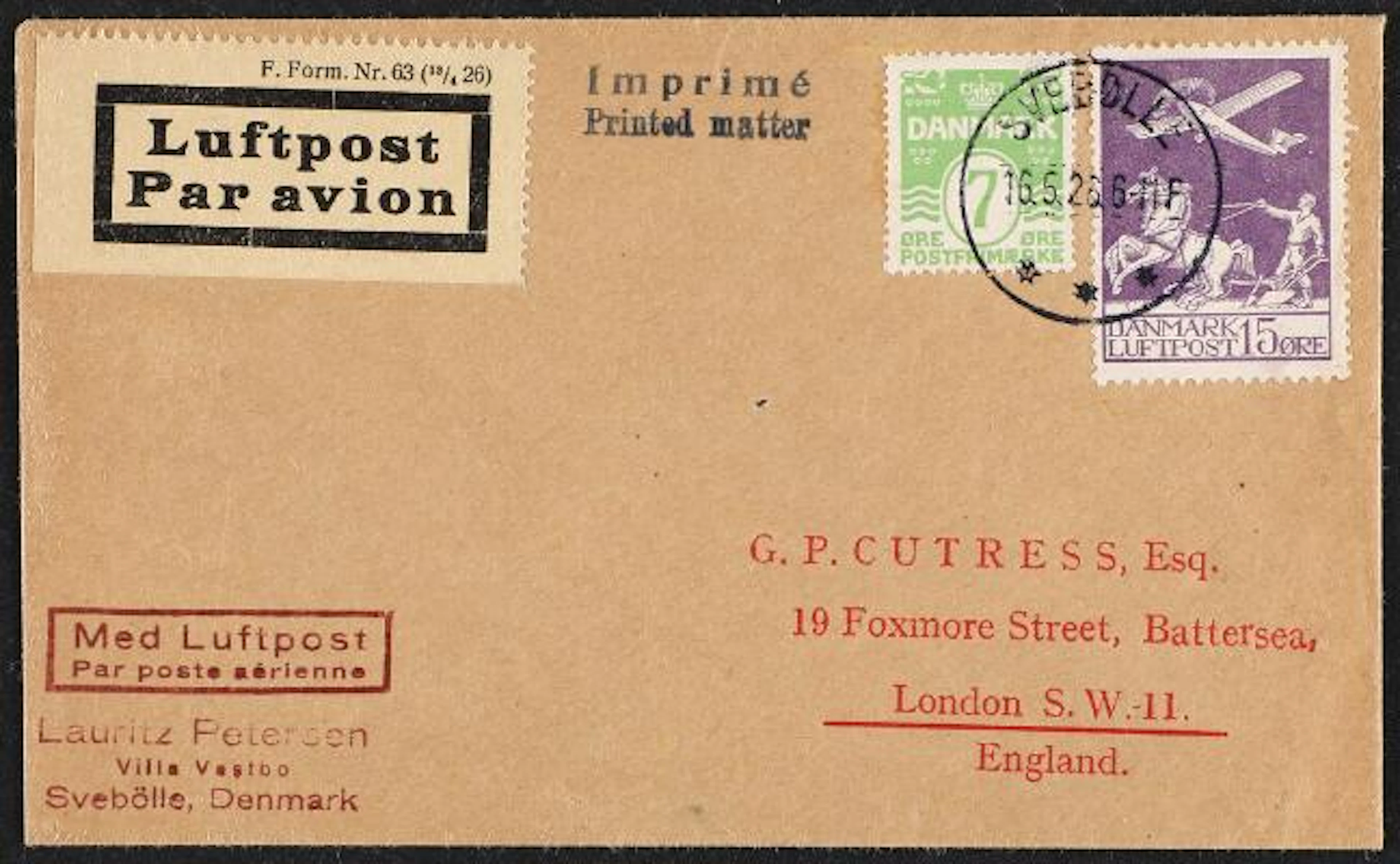 1925-1926. Air Mail. 15 Øre, violet and Numeral. 7 Øre, yellow green.