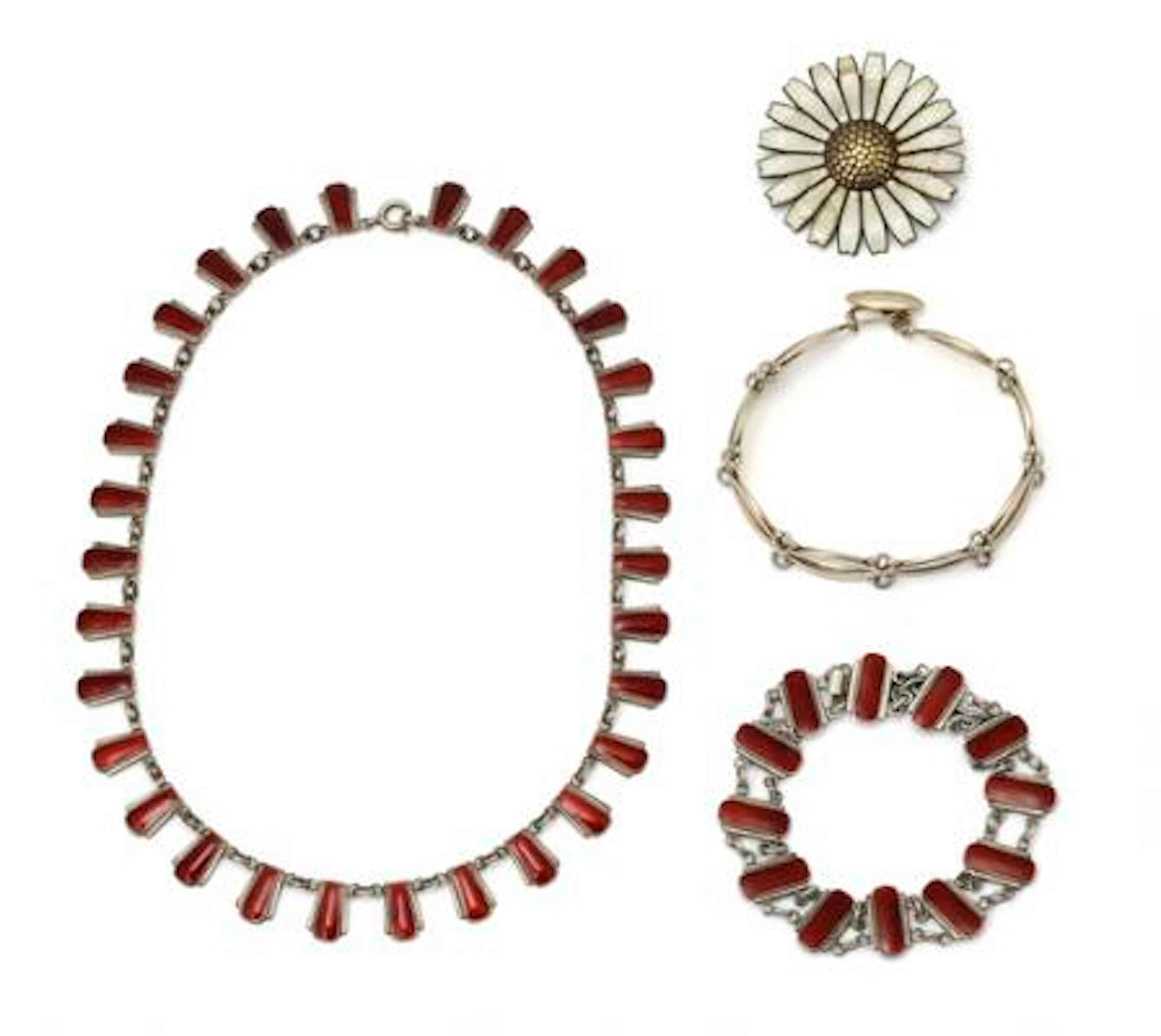 Four enamel jewelrys each set with enamel comprising of a brooch