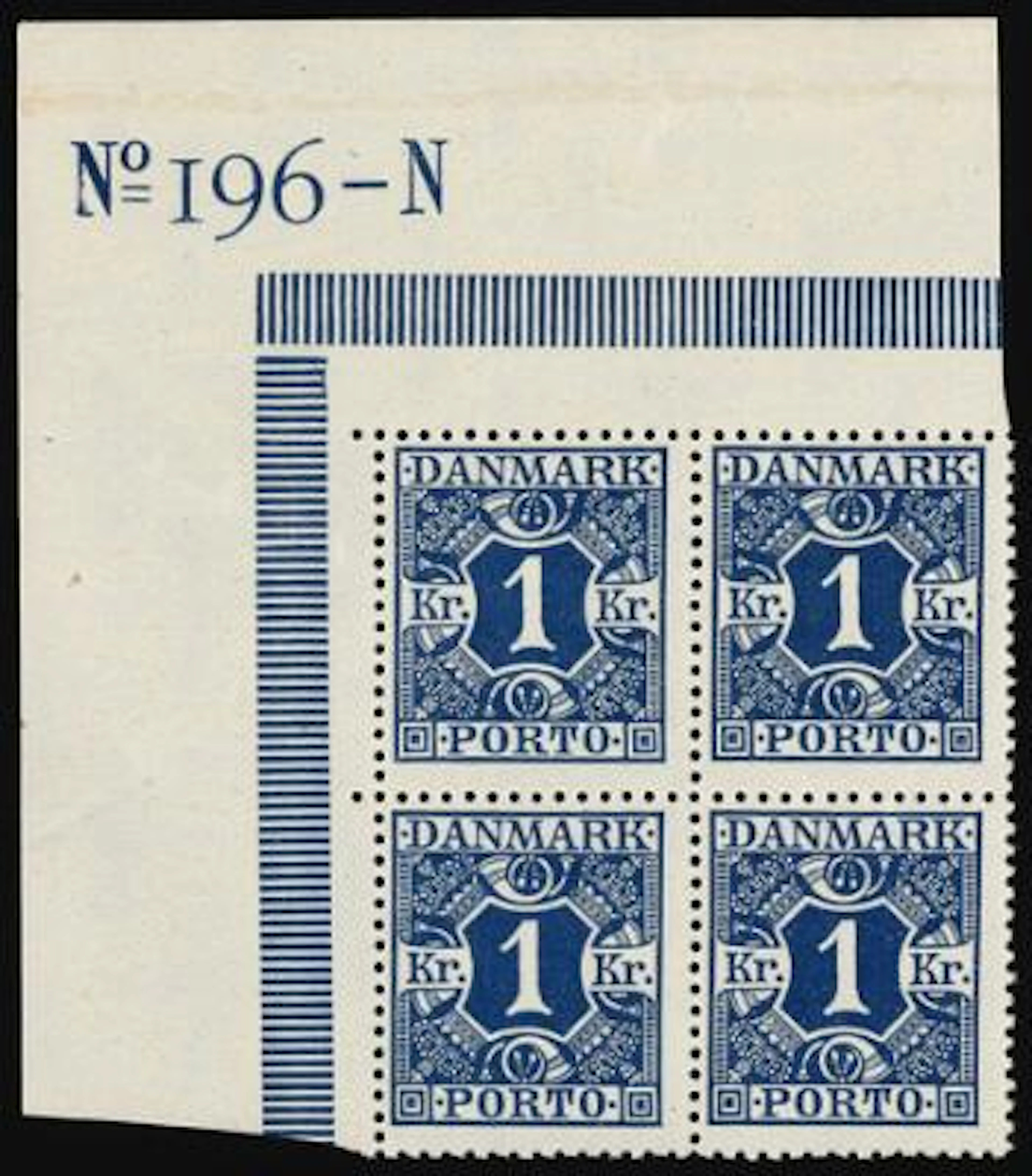 Postage Due. 1921. 1 Kr. dark blue. Never hinged block of 4 with plate