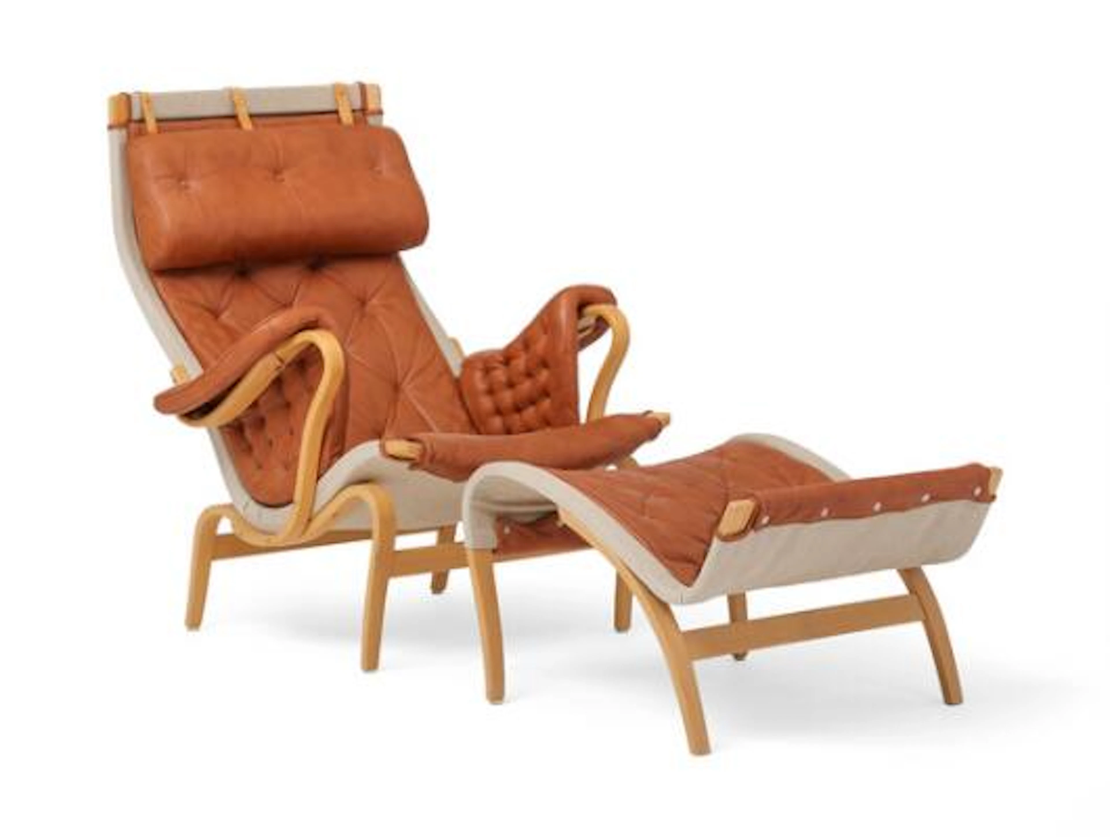 Bruno Mathsson: "Pernilla". Armchair and footstool of beech. Seat