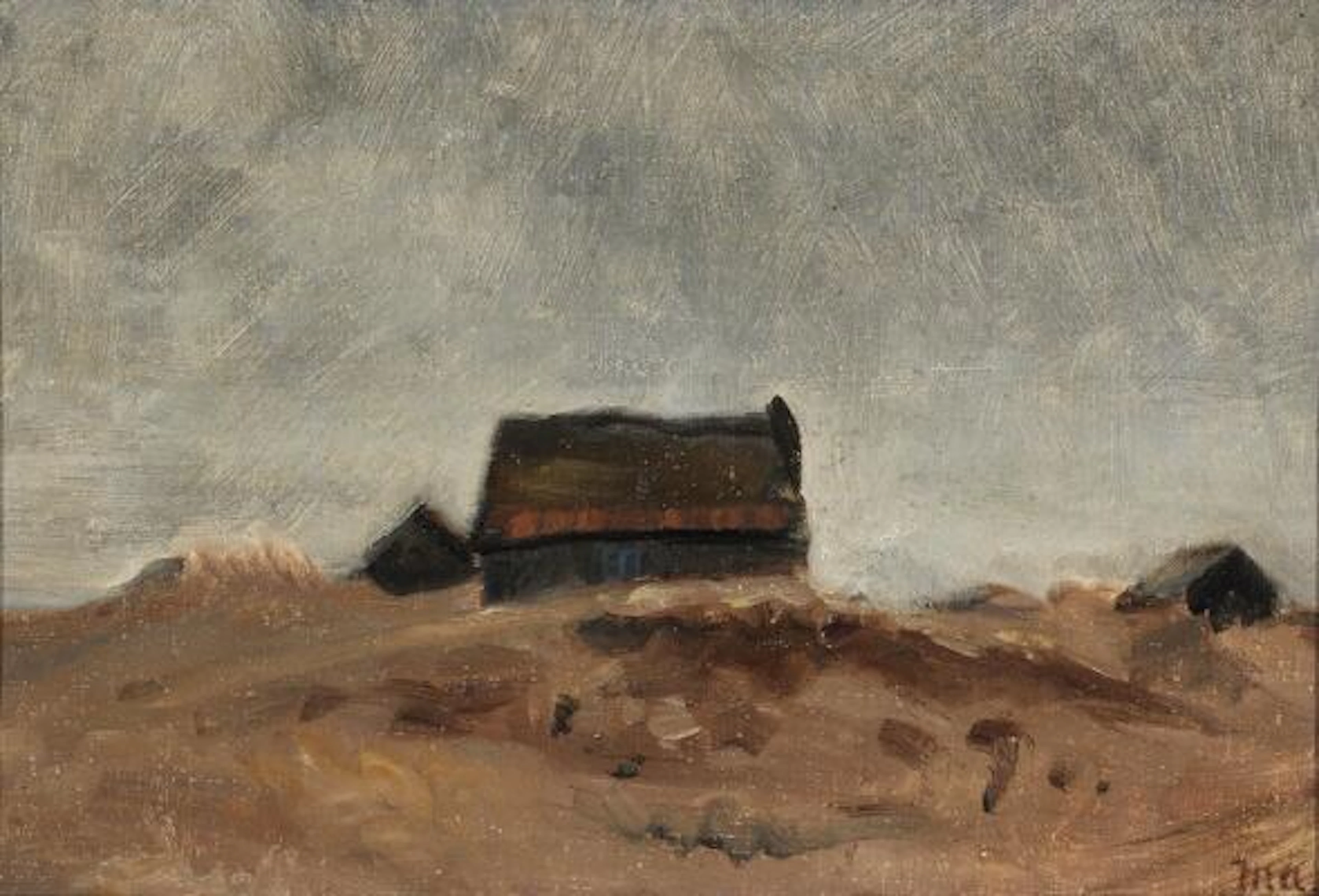 Michael Ancher: Fisherhouses in the sandunes at Skagen. Signed M.