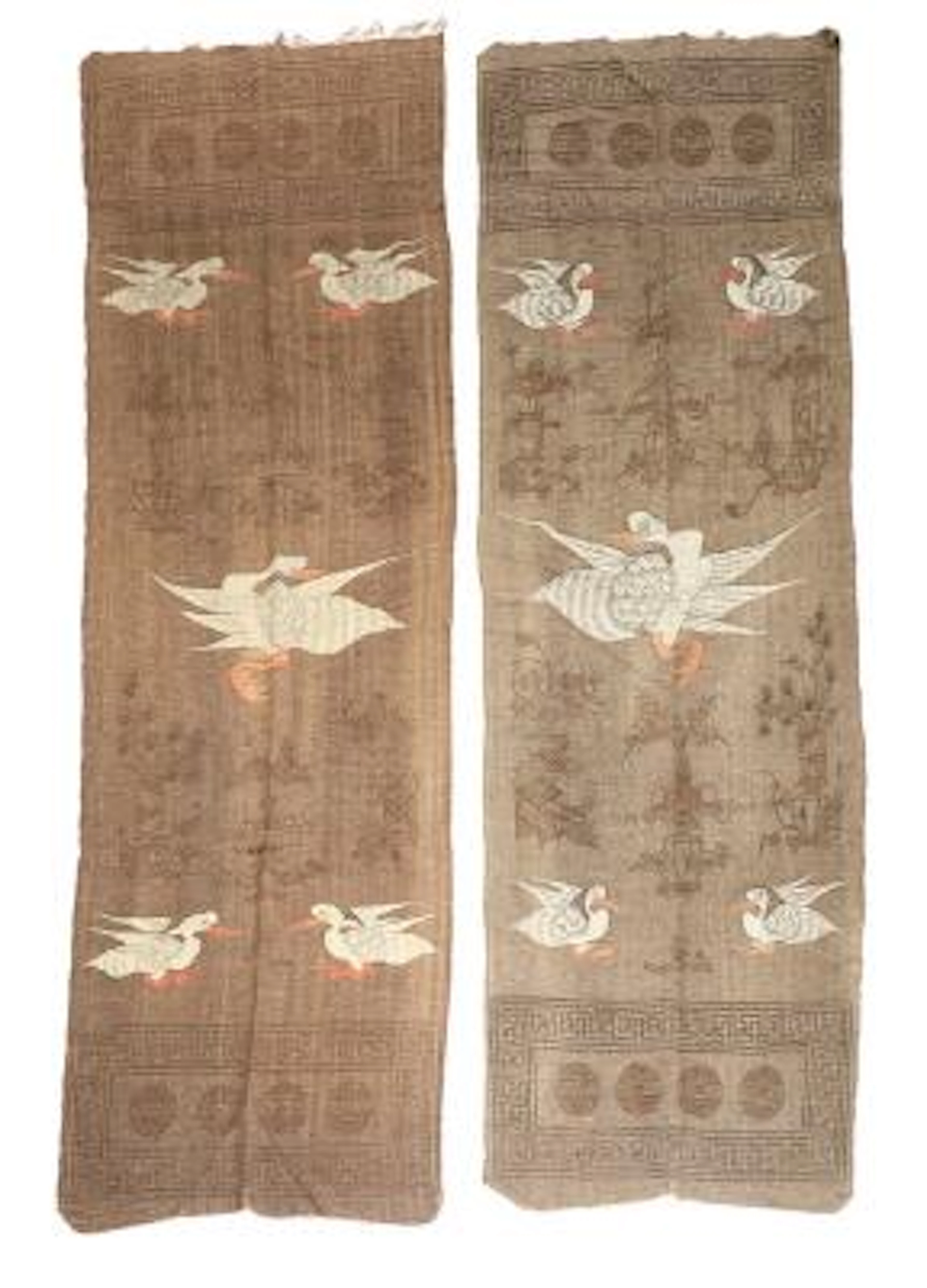 A pair of Mongolian flat weave wool kilims with crane motif. C. 1900.