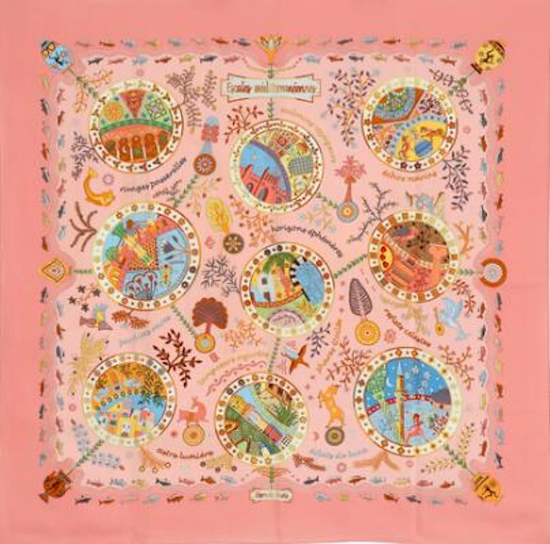 Hermès: A silk scarf with motif "Escales Méditerranéennes". App. 90x90